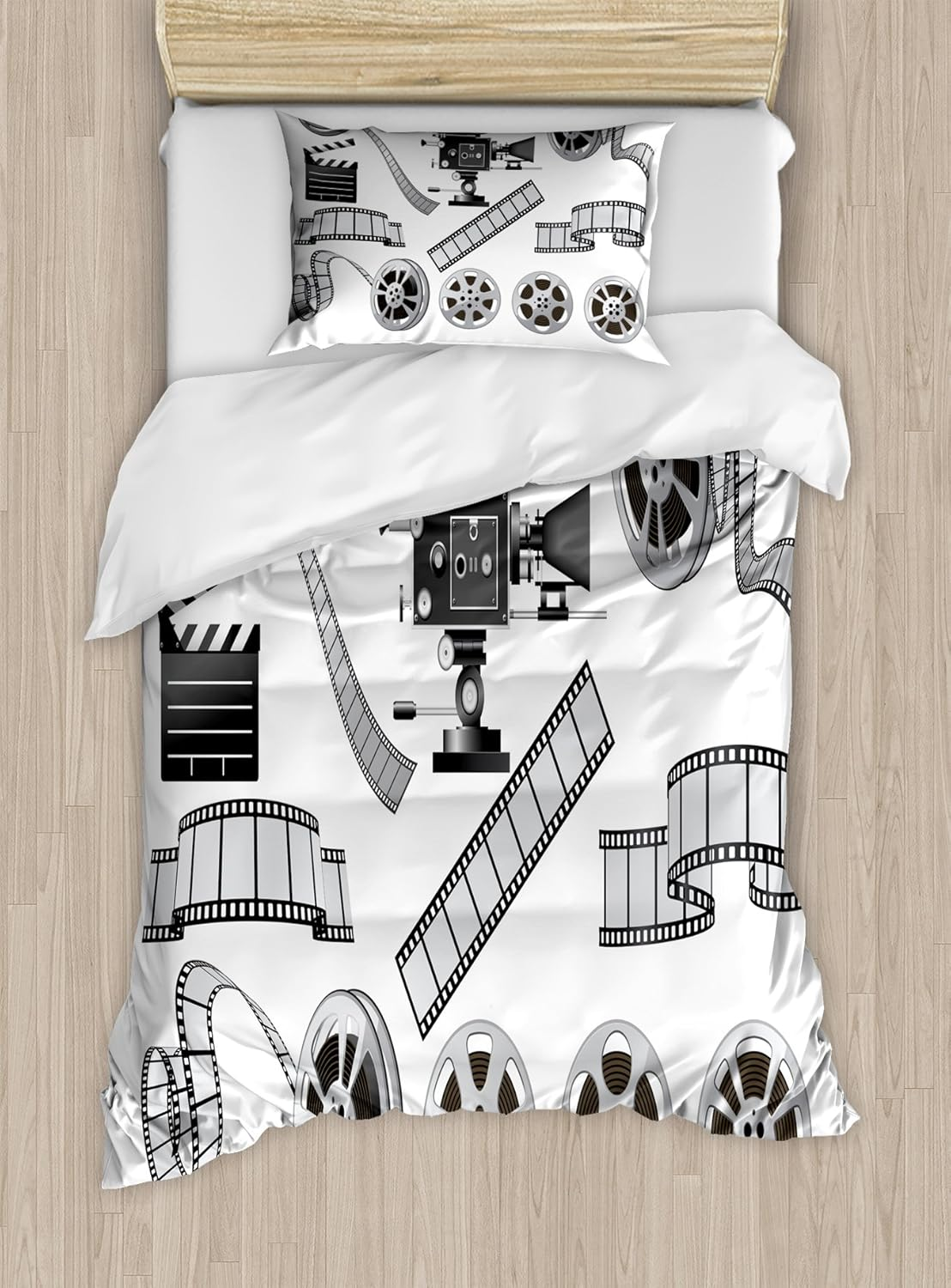 Ambesonne Movie Theater Duvet Cover Set, Movie Industry Themed Greyscale Illustration of Projector Film Slate and Reel, Decorative 2 Piece Bedding Set with 1 Pillow Sham, Twin Size, Black Grey