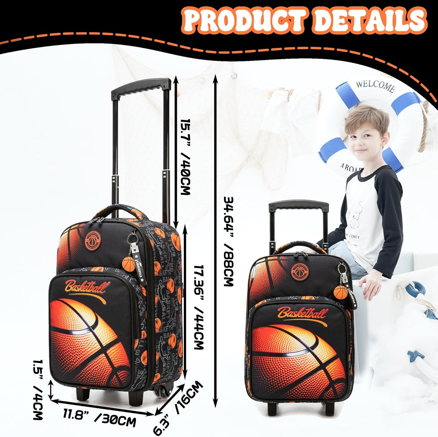 Homskiii Kids Basketball Luggage with Wheels Suitcases Travel Softside Suitcases 16" Carry on Suitcase with Duffle Bag Luggage Sets Airline Approved image number 6