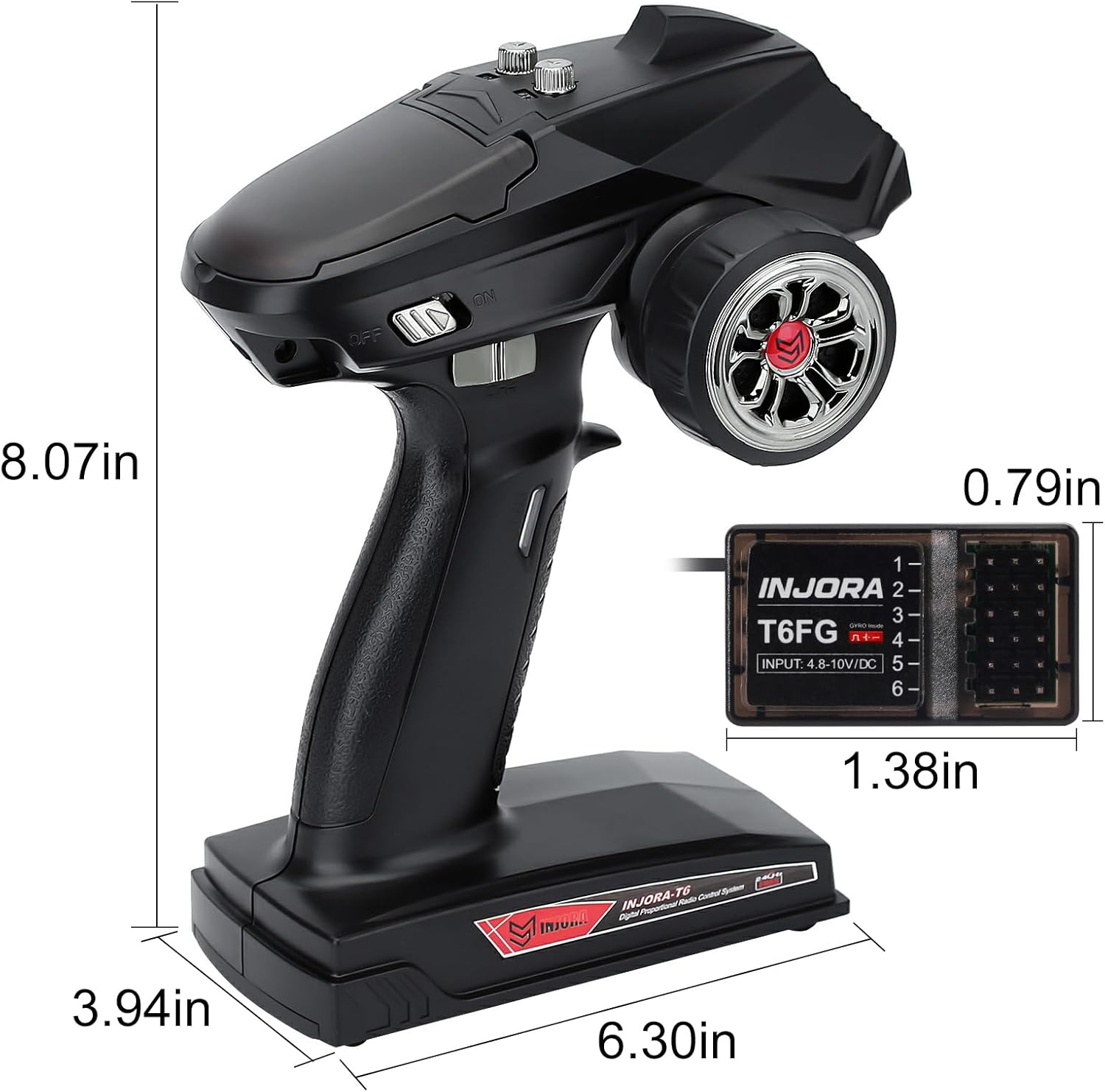 INJORA RC Transmitter 2.4Ghz 6CH Controler and Receiver with Gyro Remote inside Receiver for 1/8 1/10 RC Car Boat Tanks Crawler TRX4 SCX10 Upgrade Parts image number 5