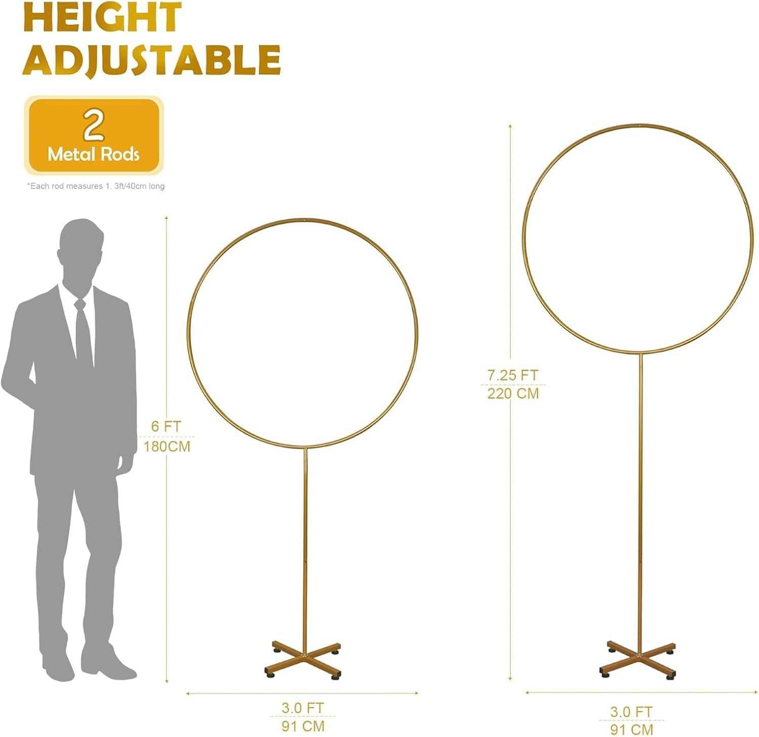 YALLOVE Metal round Balloon Column, 2.2 M Height Gold Hoop Arch Stand, Balloon Circle Frame Backdrop of Height Adjustable, Decoration for Birthday, Baby Shower, Anniversary, Wedding image number 5