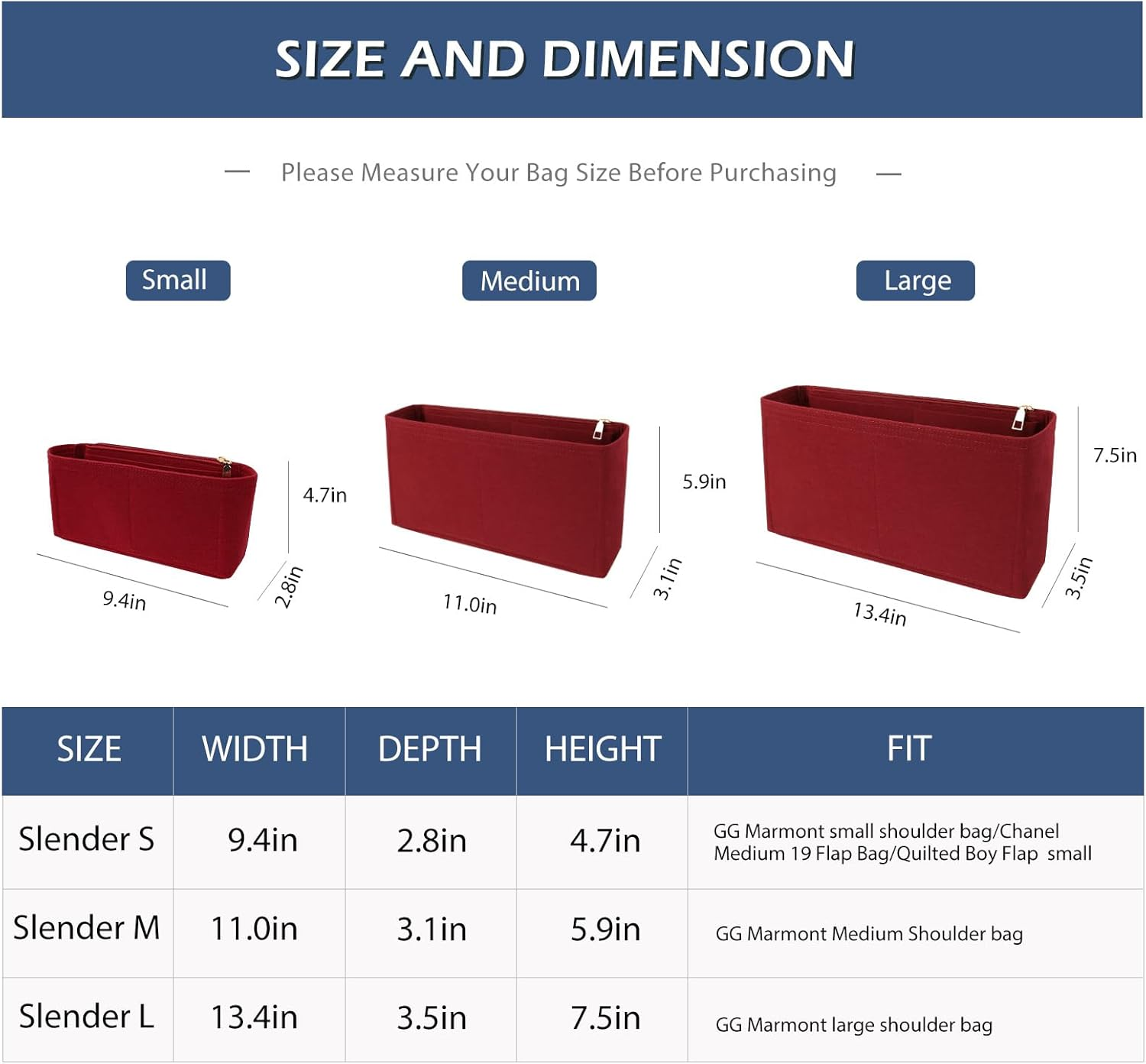 Surblue Purse Organizer Insert for Handbags, Felt Bag Organizer with Zippers Handbag Shaper Pouch for Classic 19 Flap Bag, Marmont, Onthego,（Burgundy, Slender M）