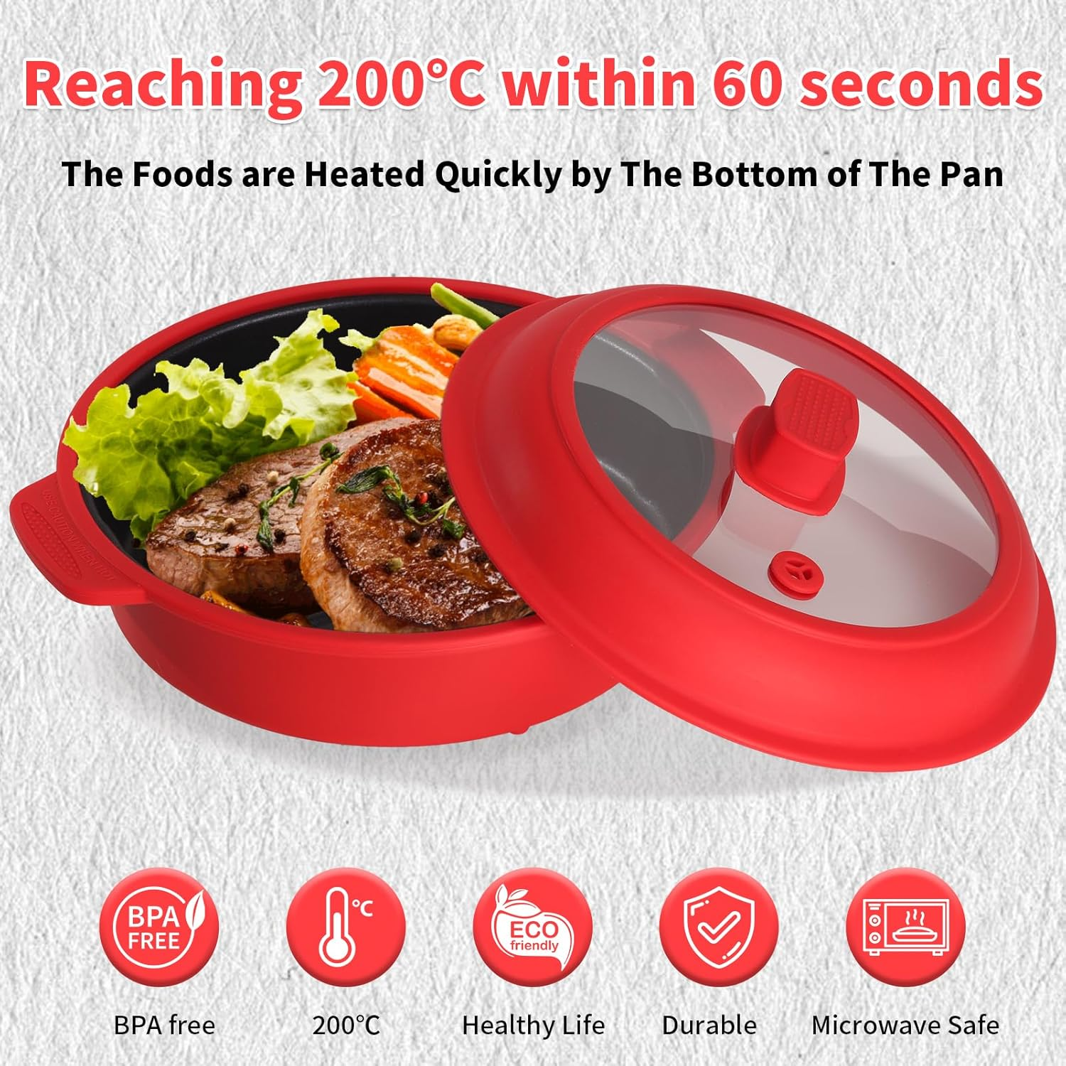 GLOU-GLOU GOOSE GGG Microwave Grill Pan, 8-In-1, Fry Griddle Crisper Pan with Lid, Microwave Silicone Cookware, for Grilling Browning and Crisping Foods, Time-Saving, Easy, Safe, round （Red） - Light Grey image number 3