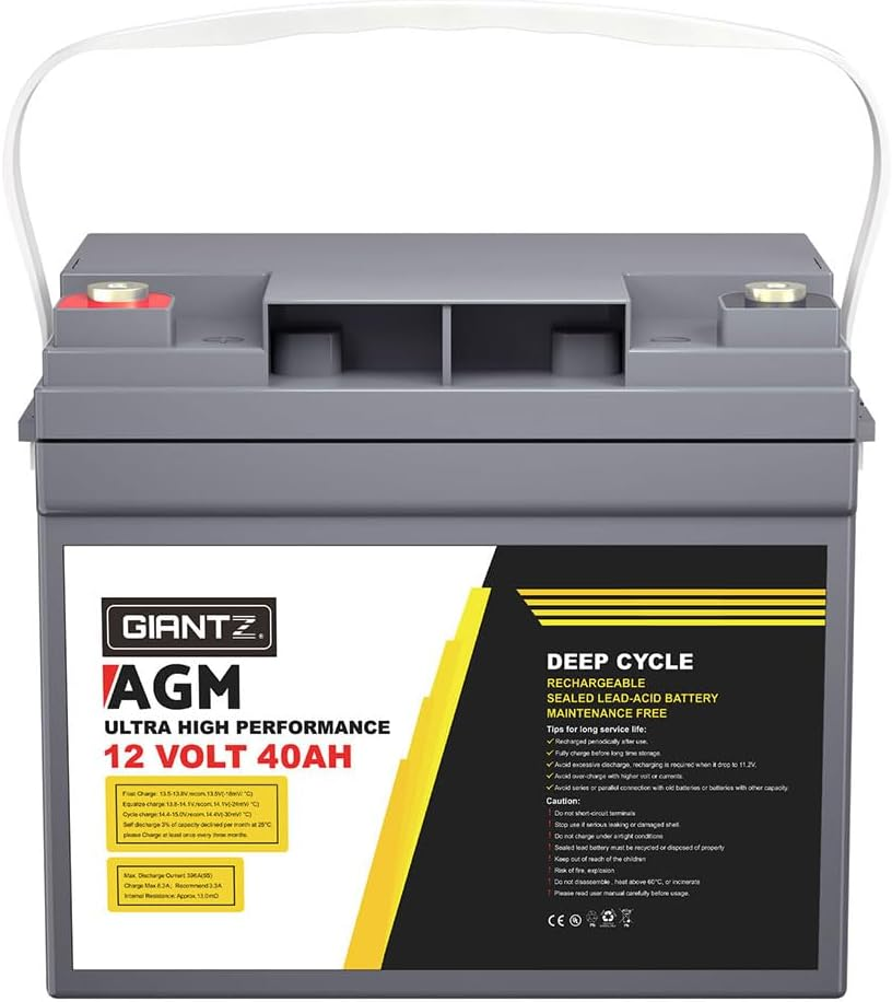 Giantz 40Ah AGM Deep Cycle Battery, Recharge Batterys 4WD Charging Portable with Handle, 1400 Cycles Long Life High Performance for Solar Fridge Camping Car Power Supply