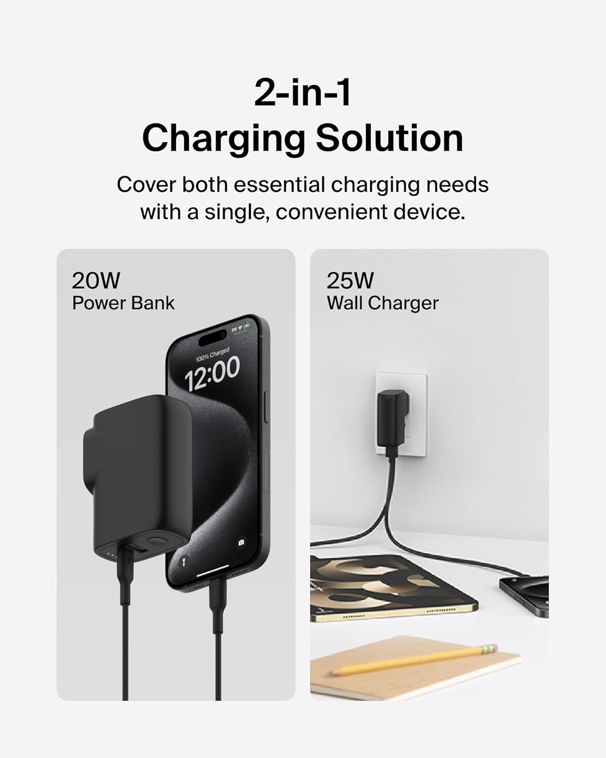 Belkin Boostcharge Hybrid Wall Charger 25W + Power Bank 5K W/Travel Adapter Kit, Portable W/Interchangeable Regional Power Plugs, USB-C & USB-A Ports + 1M USB-C Cable to USB-C Cable - Black image number 6