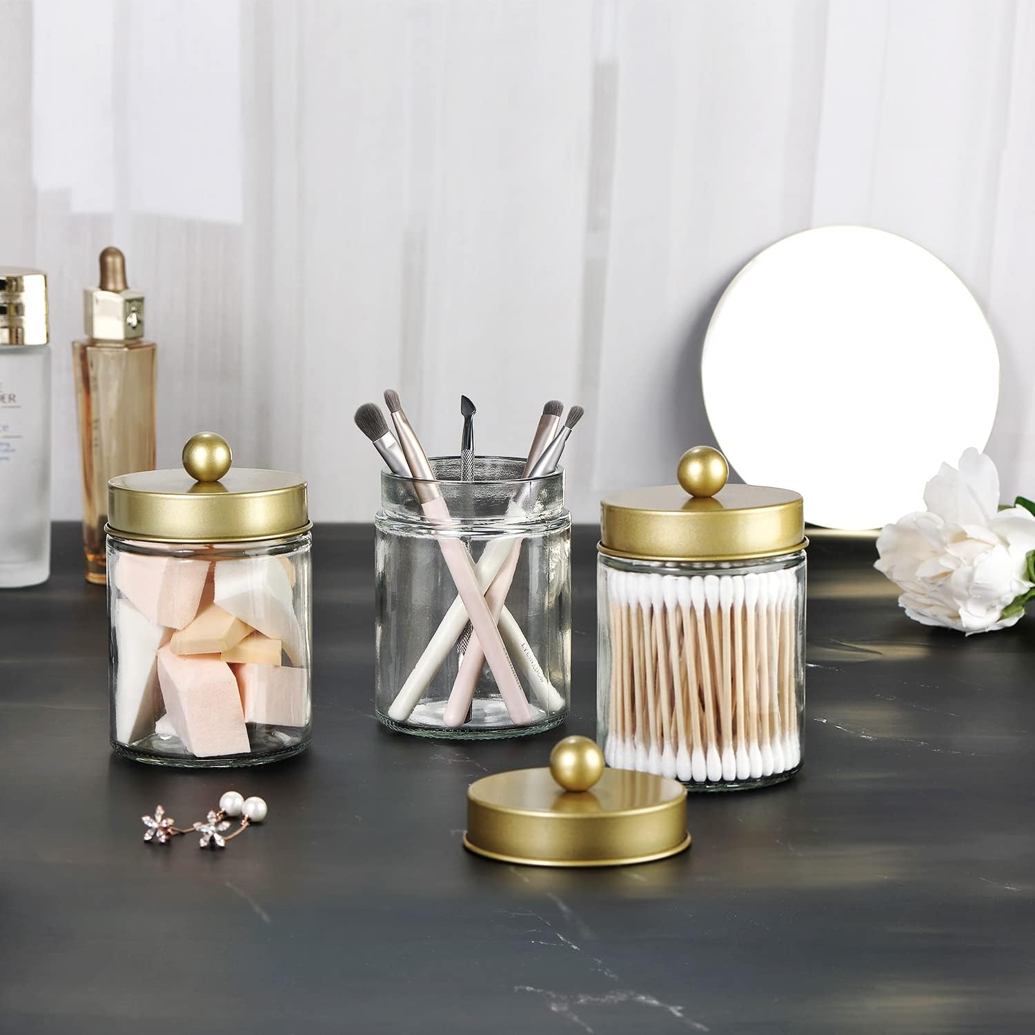 Komashr Apothecary Jar Canisters Bathroom Vanity Organizer - Qtip Holder Storage Organizer Countertop -Stainless Steel Lids &Cute Stickers for Qtips,Cotton Swabs,Makeup Sponges,Floss(3 Pack) (Gold) - Bronze image number 5