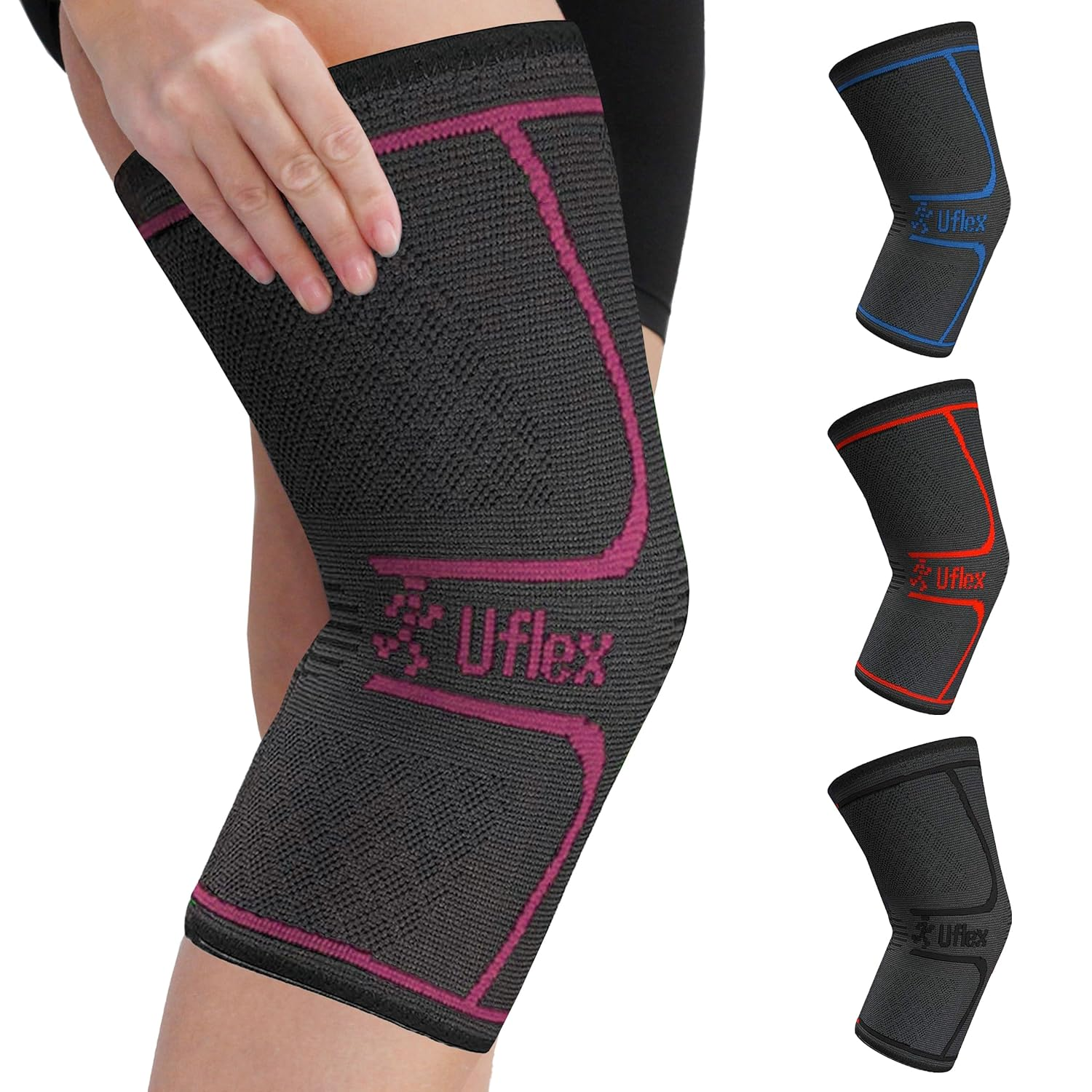 Uflex Athletics Knee Compression Sleeve Support for Women and Men - Knee Brace for Pain Relief, Fitness, Weightlifting, Hiking, Sports - Black, Medium