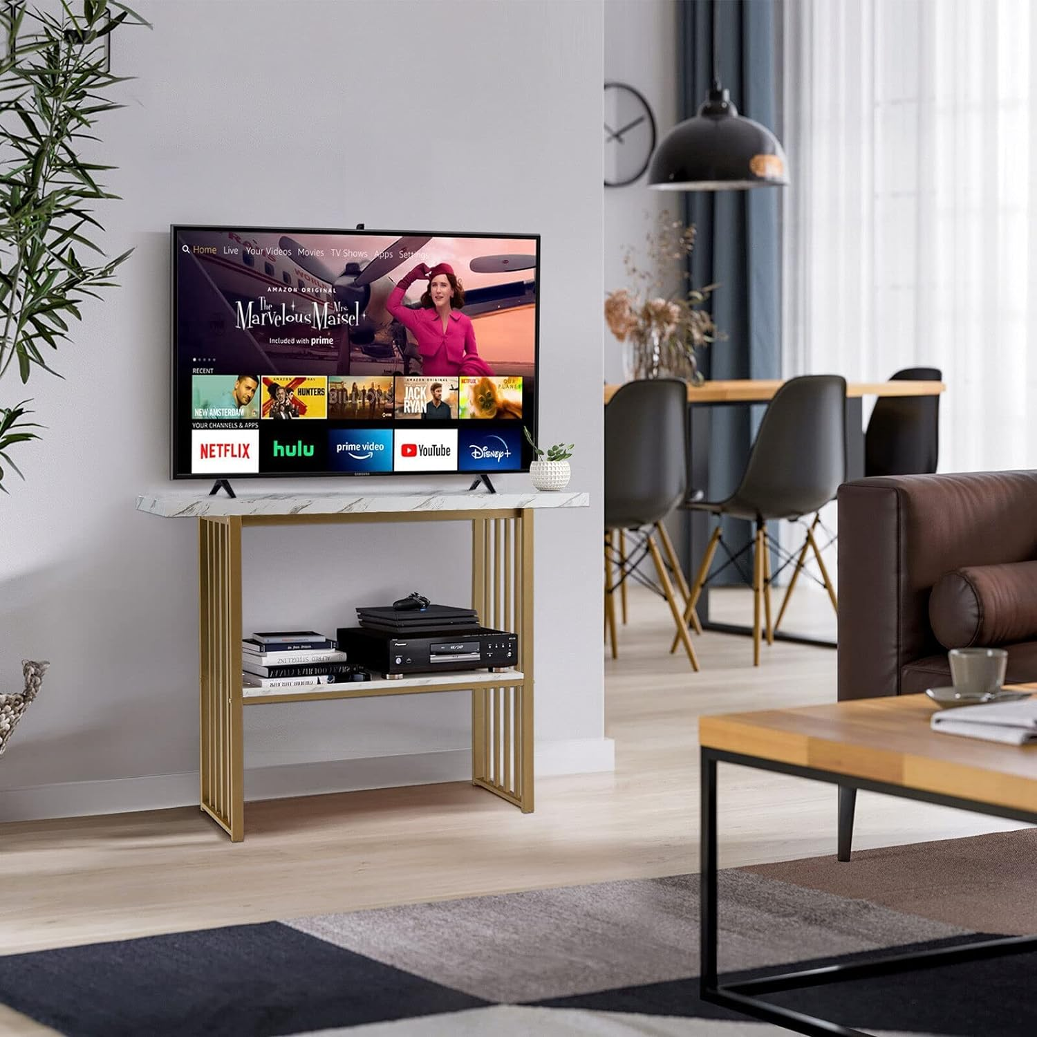 Giantex 2-Tier Console Table 120CM, White Faux Marble Sofa Table W/Open Shelf, Gold Steel Frame, Modern Entryway Table Compact Rectangular Foyer Table (White + Gold) - White + Gold image number 4