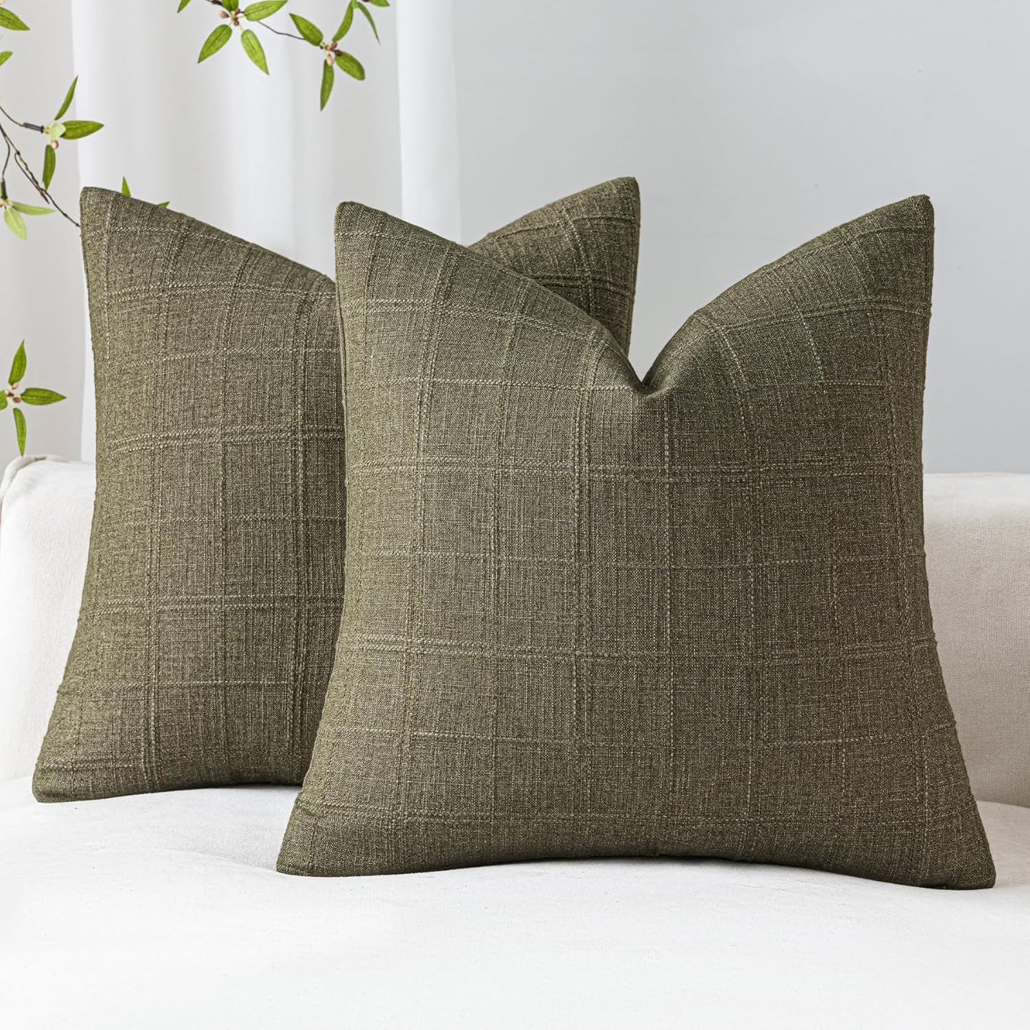Linen Throw Pillow Covers 20X20 Inch Set of 2, Olive Green Moss Green Vintage Plaid, Neutral Rustic Boho Farmhouse Decor for Couch Bedroom Living Room, Christmas & Modern Style image number 1
