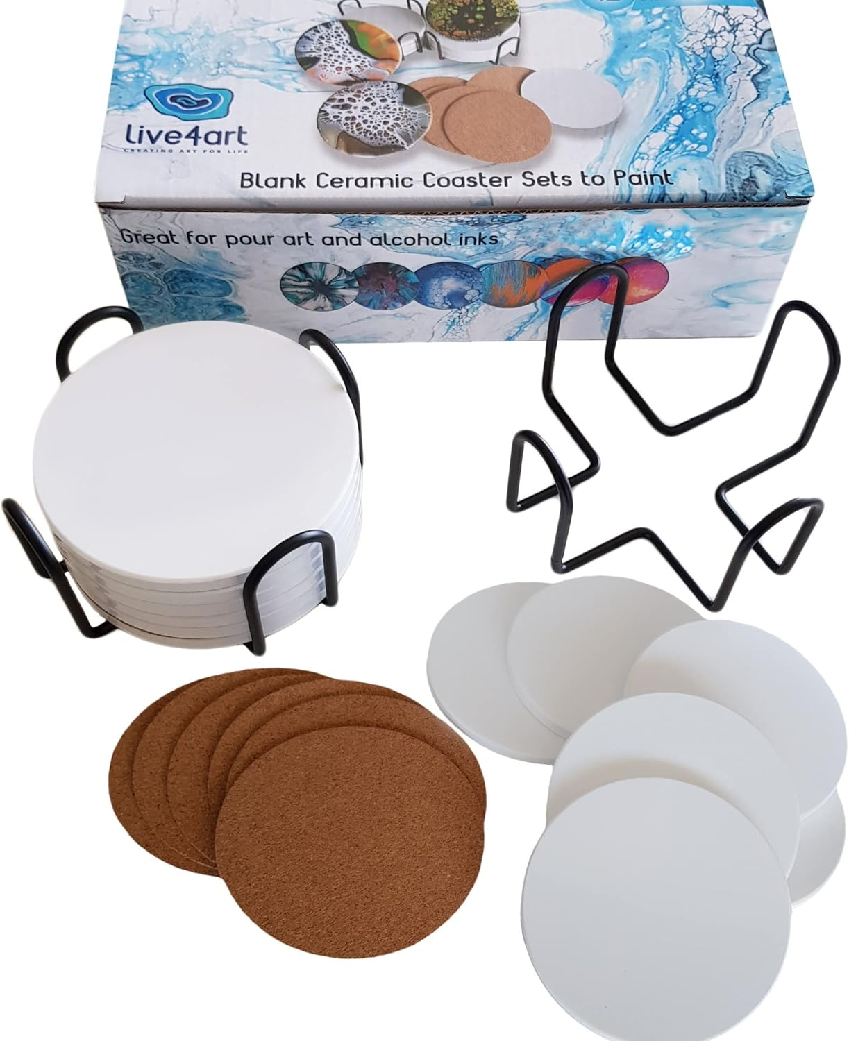 Ceramic Coaster Sets - 12 round 102Mm (4 Inch) MATT Absorbent Coasters - Stick-On Cork Backing Pads & 2 Metal Stands