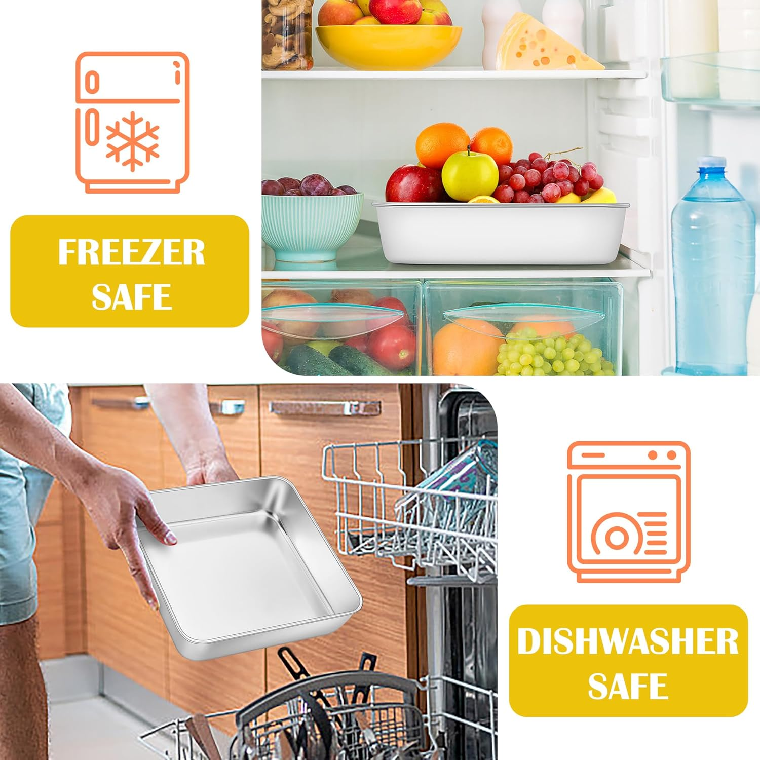 E-Far 9X9 Inch Square Cake Pan, Stainless Steel Baking Pan for Lasagna Brownies Casseroles, Silver Square Bakeware for Oven Cooking, Non-Toxic & Rust Free, Dishwasher Safe, 2 Inch Deep