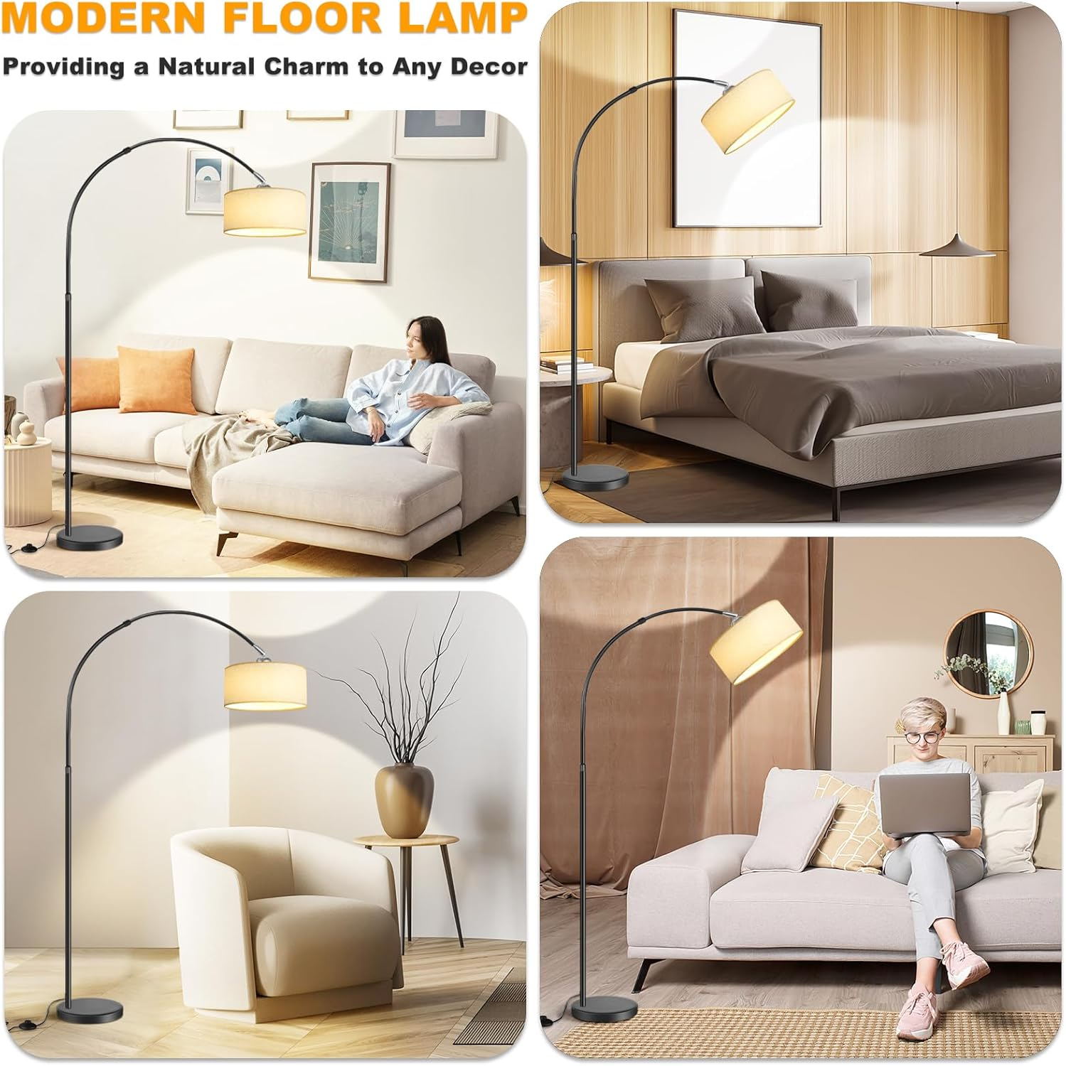 NUFECARG Arc Floor Lamp, 9W 1000LM Modern Floor Lamp with Contactless Control, Hanging Drum Shade Standing Lamp with Marble Base, Adjustable Stepless Colors & Brightness, Black image number 6
