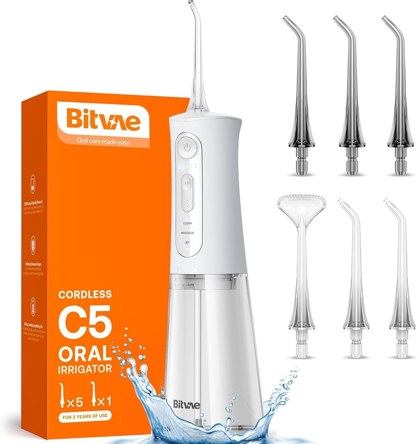 Bitvae Professional Water Dental Flosser for Teeth Cordless, Rechargeable Water Dental Picks with 3 Modes & 5 Intensities, 40-Day Battery Life, IPX7 Waterproof, Portable for Travel, White