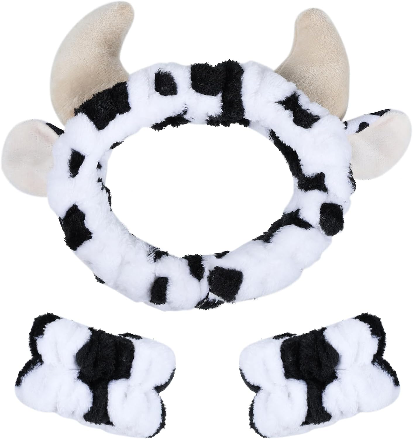 Plush Wash Face Headband Cow Print Spa Wrist Band Cuffs Hair Scrunchy Women Girls Facial Makeup Skincare Bath Head Wrap Kids Costume Party Supply Birthday Gift
