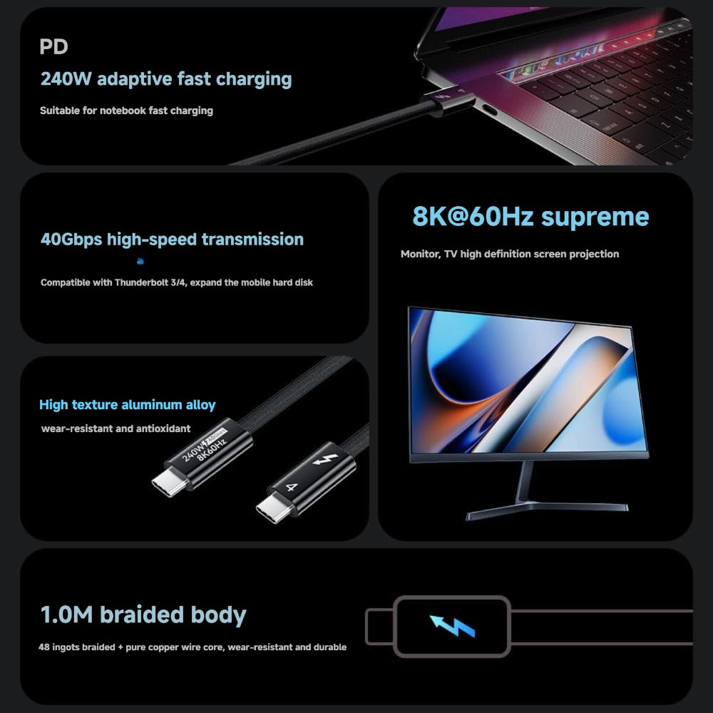 BASEMO Usb4/Thunderbolt 4 Braided Cable 1M, 40Gbps High Speed Data, 8K@60Hz Video, 240W PD 3.1 Fast Charging, USB C Cord for Macbook, SSD, Iphone 15, Monitor image number 2