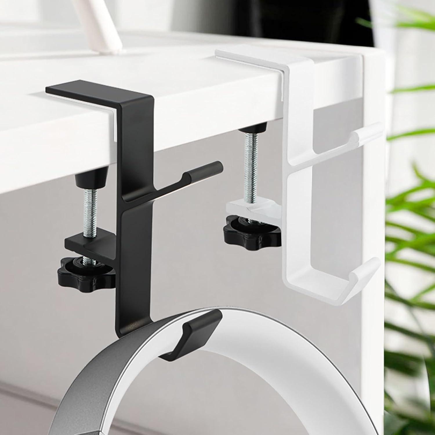 Mijradge Desk Mount Bag Holder Hook Clamp, 2-Pack, White+Black, Aluminium, 2 Hooks, Clamp Mount image number 1