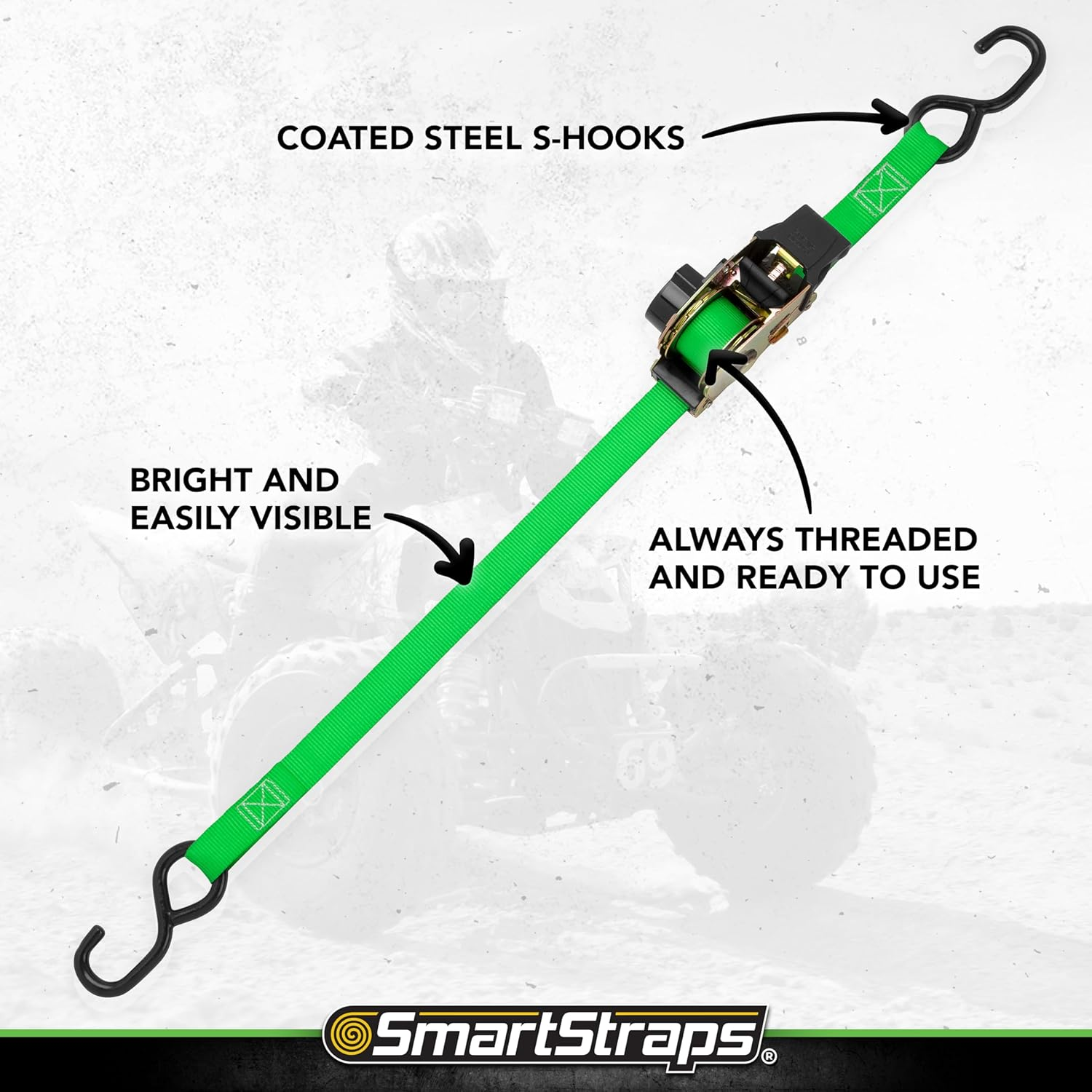 Smartstraps 6&rsquo; Ratchet Straps, 4 Pack &mdash; Standard Duty Retractable Tie-Down Straps &mdash; 1,500Lb Break Strength, 500Lb Safe Work Load &mdash; Haul Atvs, Lawn Tractors and Other Small Equipment image number 3