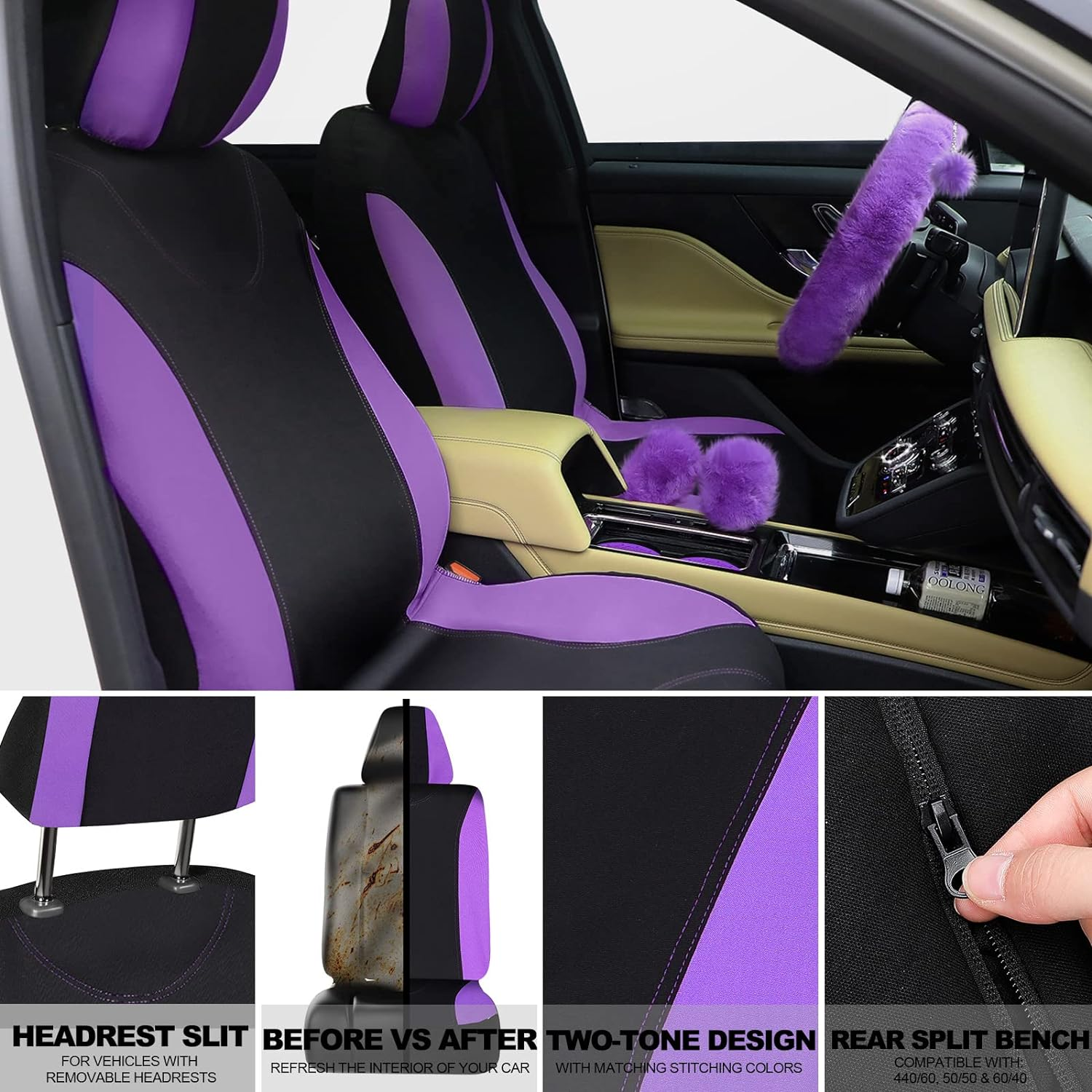 Tallew 17 Pcs Car Seat Cover Full Set for Christmas Fluffy Car Decor Front Rear Fluffy Steering Wheel Cover Soft Fleece Handbrake Shift Hanging Accessory Holder Ring Emblem Sticker(Purple) image number 1