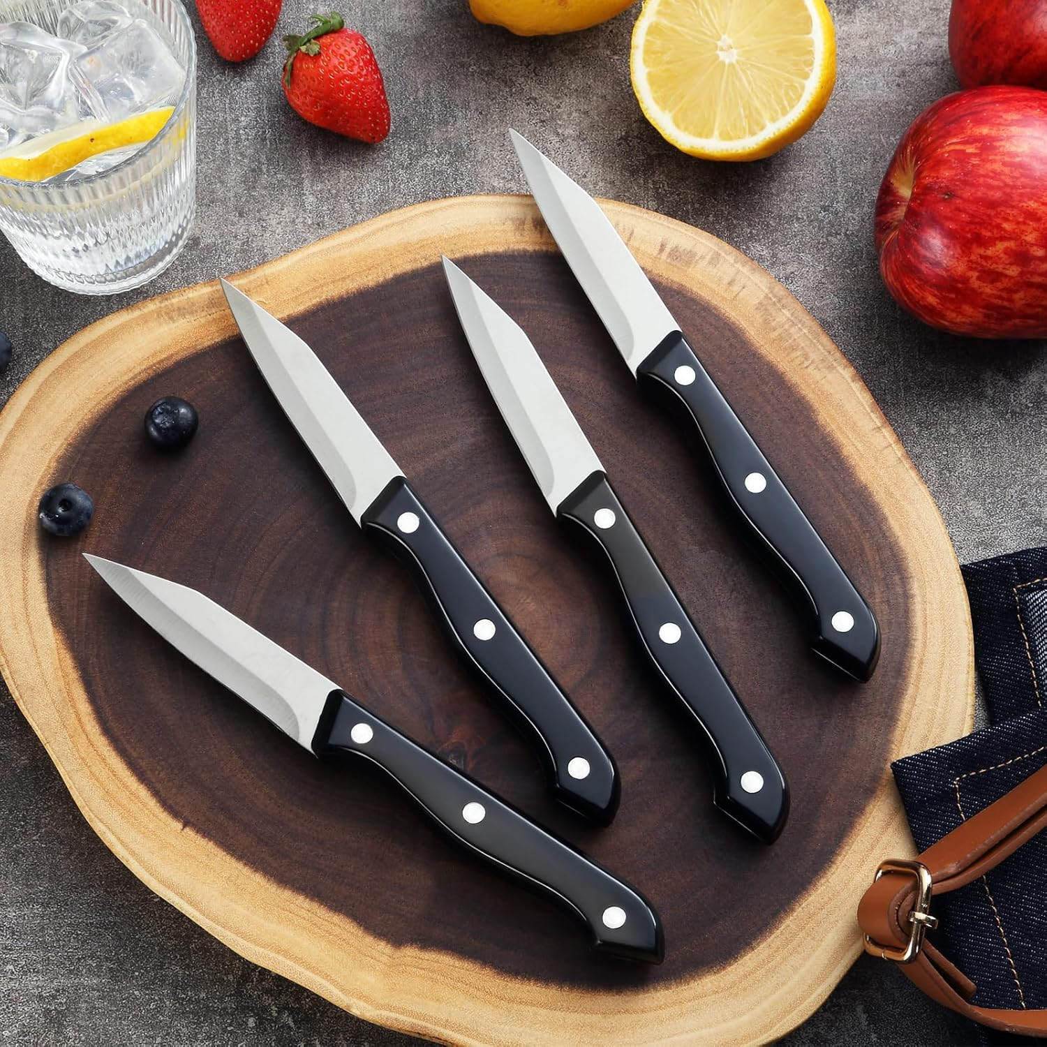 BEWOS 4-Piece Stainless Steel Paring Knife Set - Premium 3.5 Inch Paring Knives with Ergonomic Handles Secure, Triple Rivet, Cutting & Peeling Knives for Vegetables and Fruits, Black image number 1