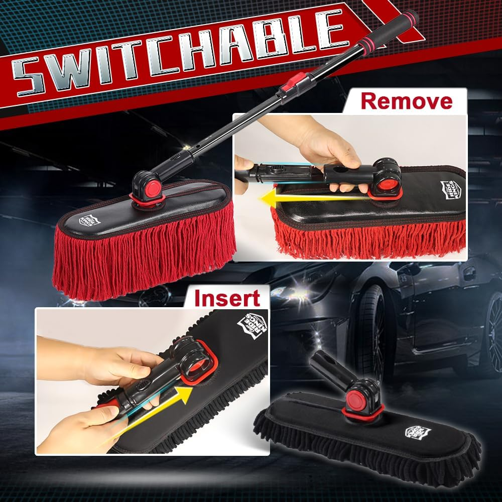 2In1 Brush and Duster for Car Exterior,Chenille Car Wash Brush Mop*1Pc,Wax Cotton Car Duster Mop*1Pc Remove Dust,Freely Switch a Retractable Black Steel Pole,Car Cleaning Supplies for Truck Rv Boat image number 4