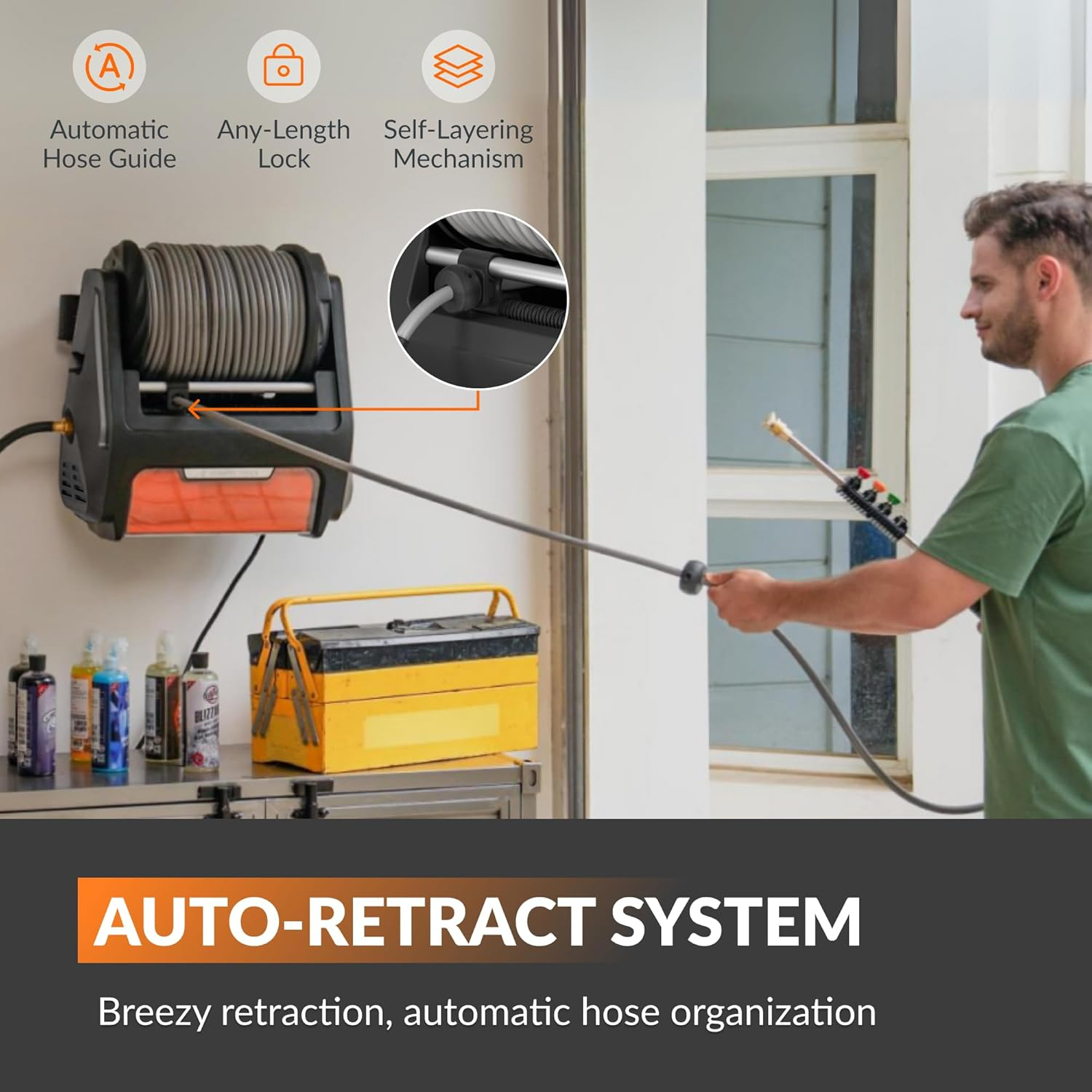 Giraffe Tools Grandfalls Pressure Washer Pro, Electric Wall Mounted Pressure Washer with 30M Retractable Pressure Hoses, 3300PSI, 1.6GPM, 4 Nozzles, Foam Cannon for Cars/Patios, Dark Silver image number 6