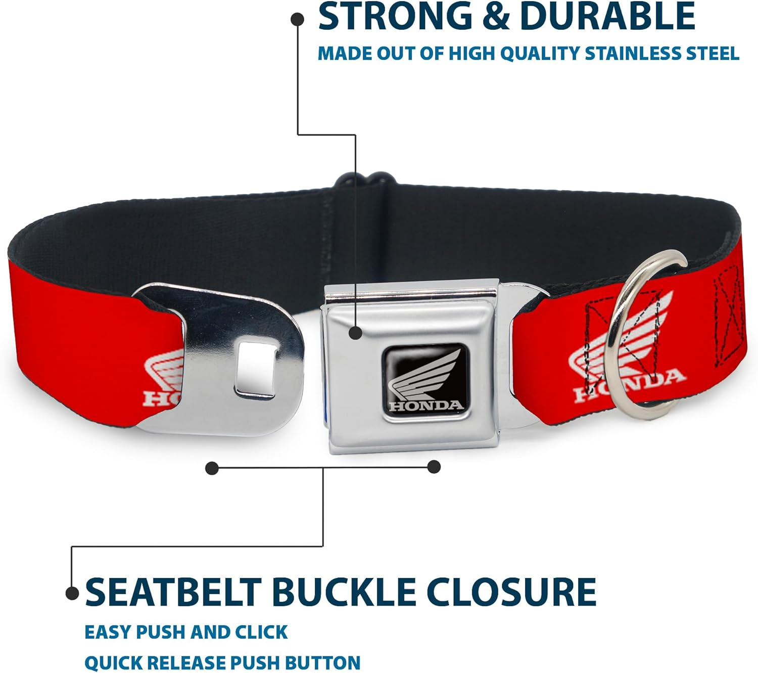 Dog Collar Seatbelt Buckle Honda Motorcycle Logo Red White 16 to 23 Inches 1.5 Inch Wide image number 5