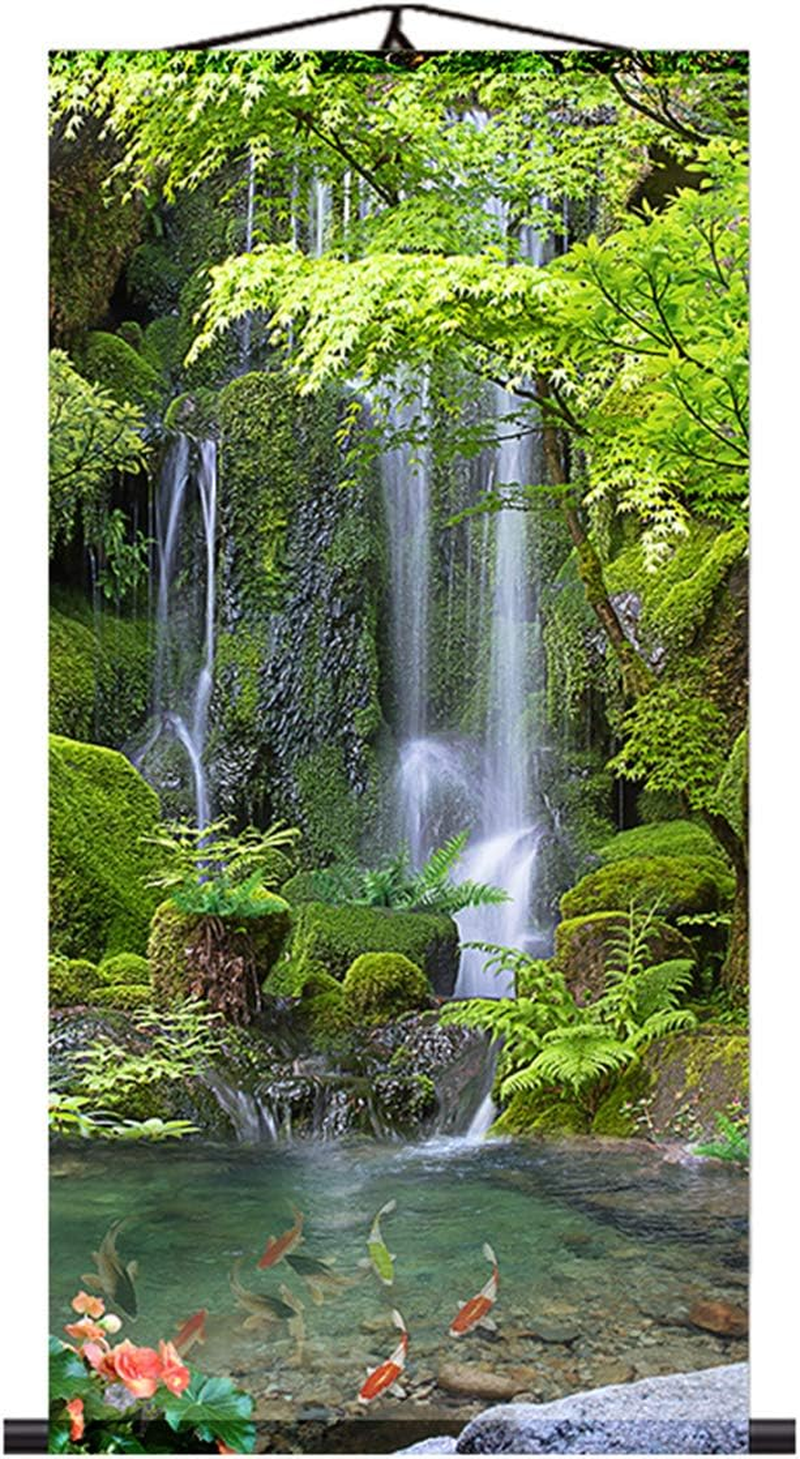 Zzooi Chinese Lucky Fengshui Painting Waterfall Golden Carps Wall Art Hanging Silk Painting Scroll,Feng Shui Decor