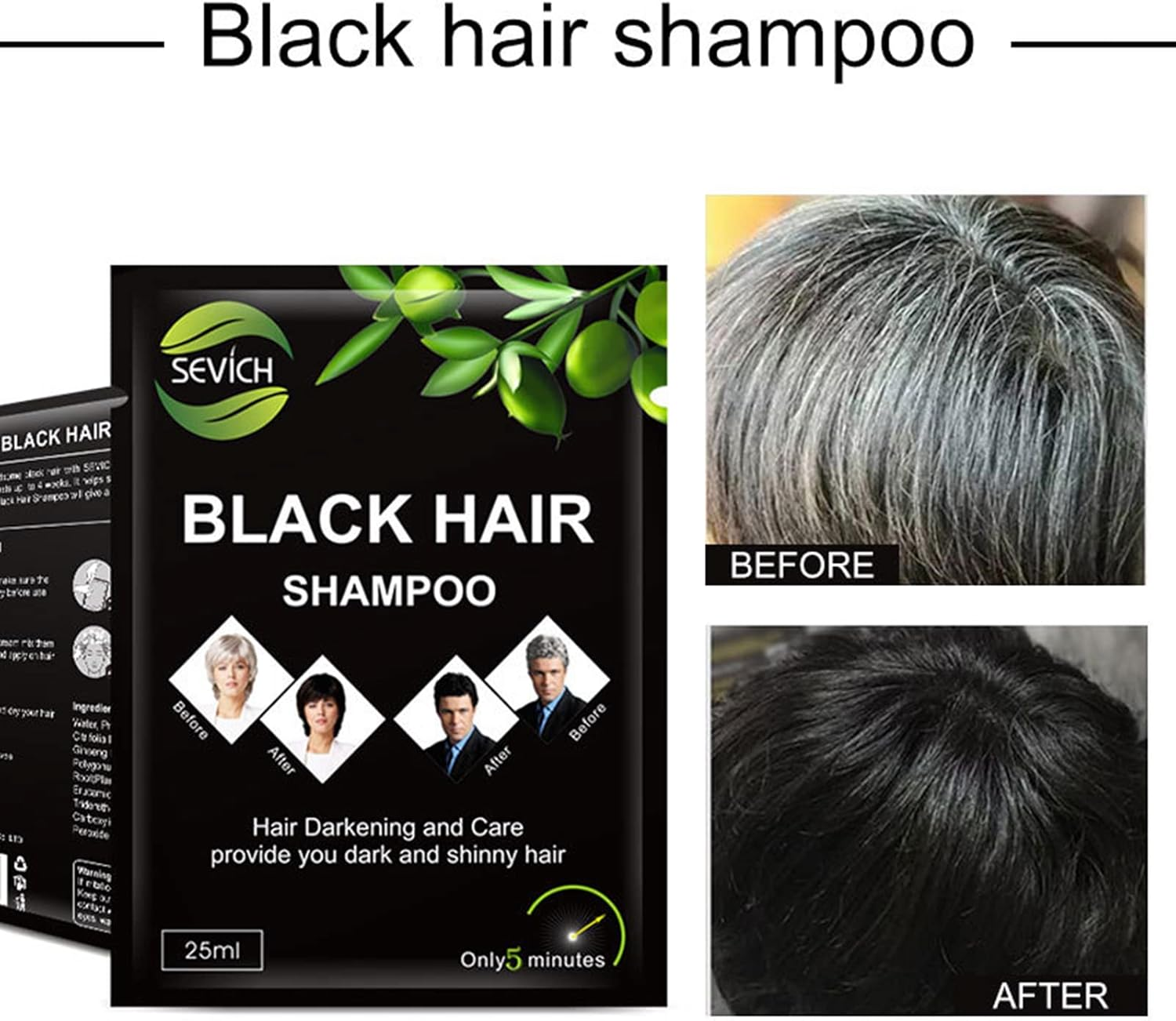Julycrab 10 PCS Black Hair Shampoo Hair Dye Cream Darkening Shampoo Instant Hair Dye for Men Women Black Color Cover Gray White Hair Restore Shiny Hair image number 5