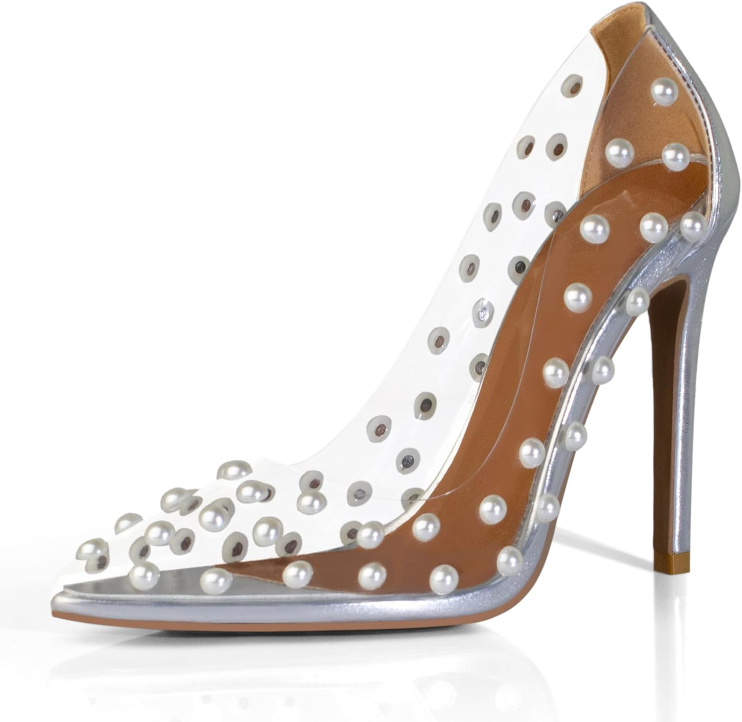 Iadore Women'S Pumps,11Cm Pointed Toe Women High Heel Shoes Fashion Pearl Studded PVC Clear Heels Party Dress Pump Shoes image number 2
