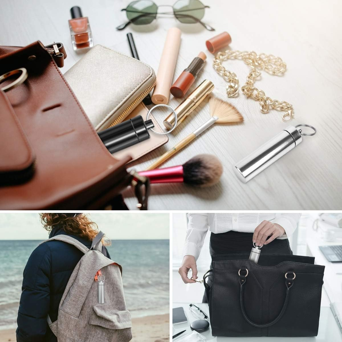 Minisland Large Portable Metal Aluminum Toothpick Holders Keychain Pocket Outdoor Travel Small Q-Tips Pill Containers Waterproof Dia.23Mm Silver and Black Set -MSL144 image number 6