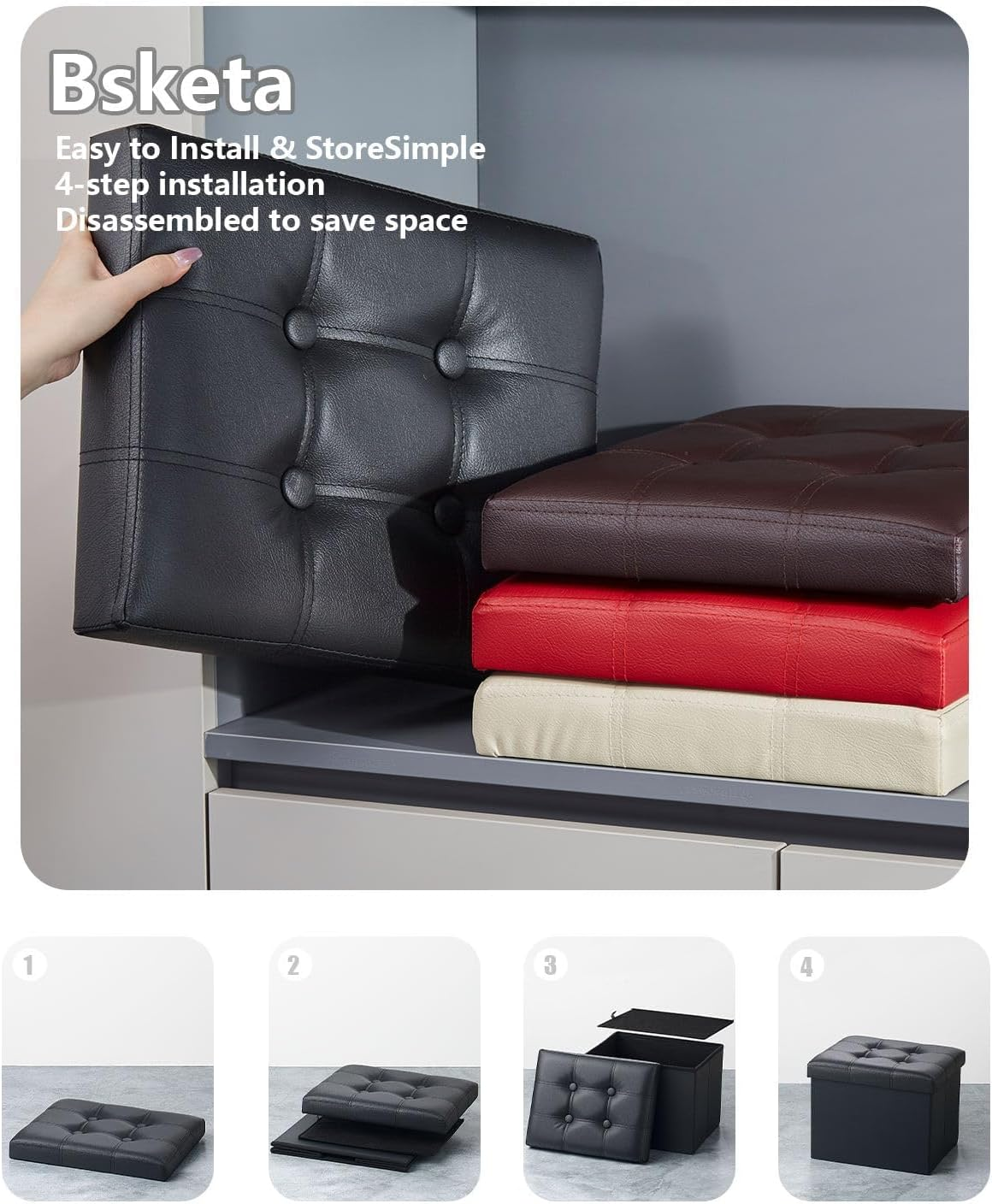 Folding Storage Foot Rest Footstool with Side Pocket, Foot Rest for Couch, Leather Ottoman Seat for Couch, Living Room Bedroom or Dorm, Padded with Thick Sponge, 17X12X12In Black image number 2