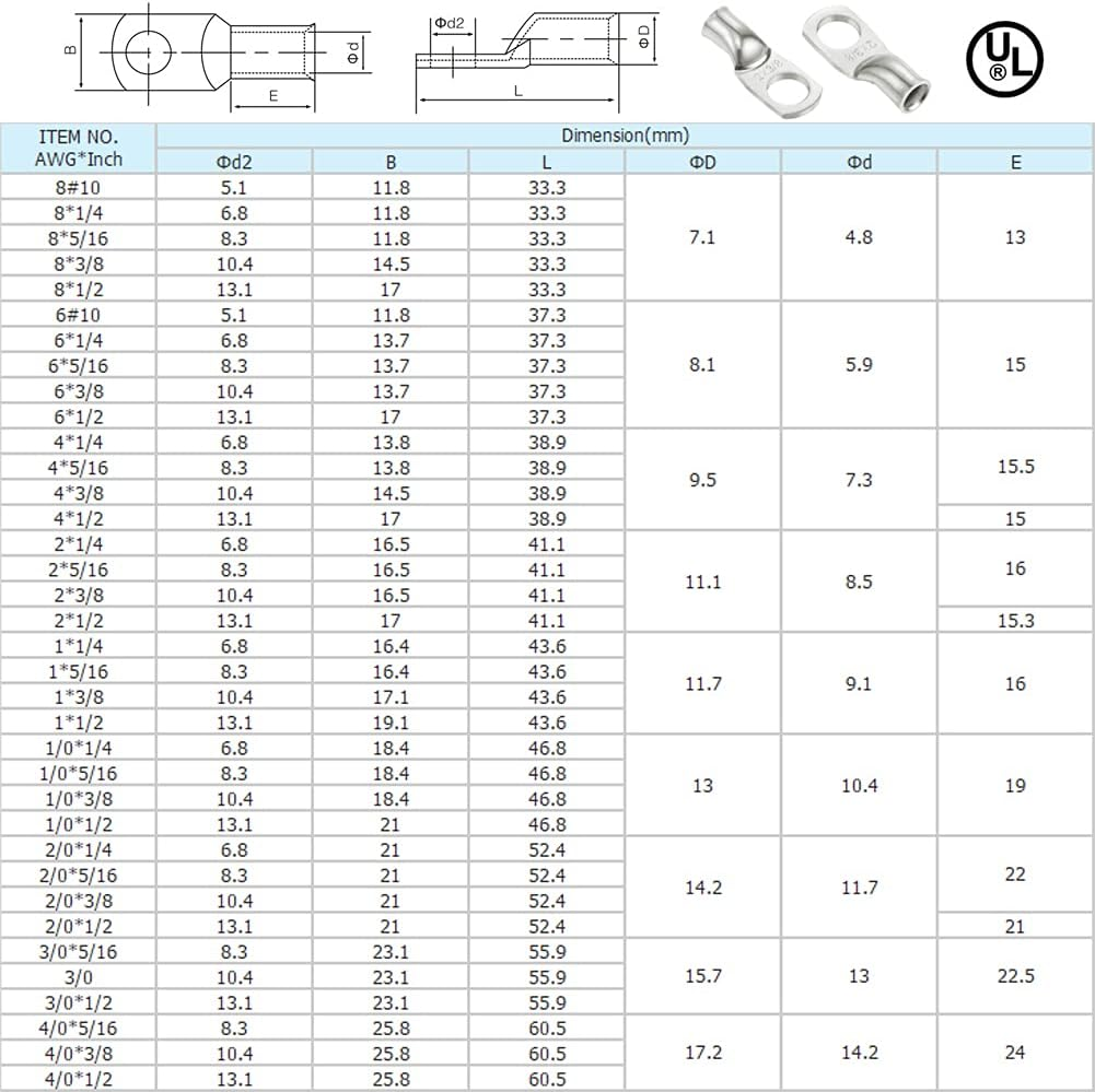 Ampper Heavy Duty Tinned Copper Wire Lugs, UL Tubular Eyelets Ring Crimp Copper Terminal Connectors for Battery Cable Ends and More (8 Awg, 3/8" Ring, 10 Pcs) image number 2