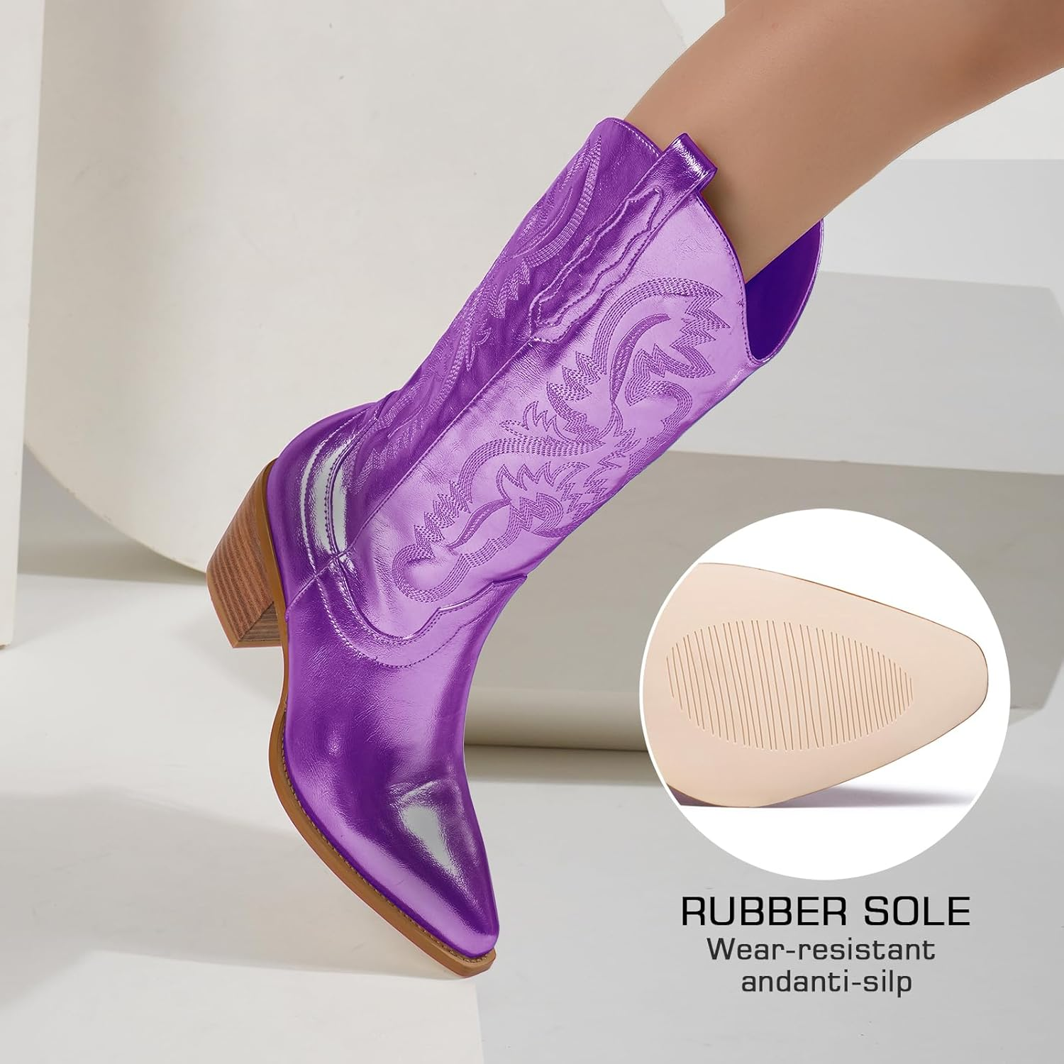 Driceic Glitter Wide Calf Metallic Embroidered Cowboy Boots for Women Sparkly Mid Calf Chunky Heel Pull on Pointy Toe Western Cowgirl Boots Fashion Vintage Short Booteis for Girl image number 3