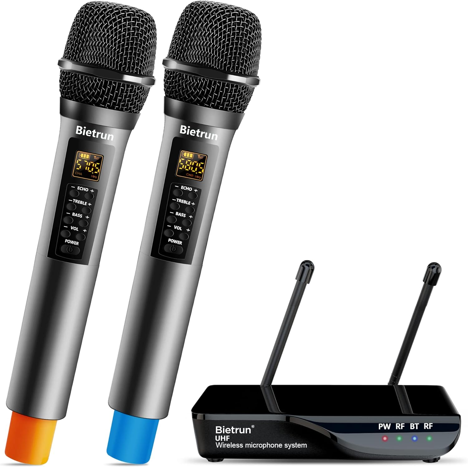 Bietrun Wireless Microphone with Echo/Treble/Bass, UHF 160Ft Range, Dual UHF Cordless Dynamic Mic Handheld Microphone System for Home Karaoke, Meeting, Party, Wedding(Receiver with Bluetooth) image number 3