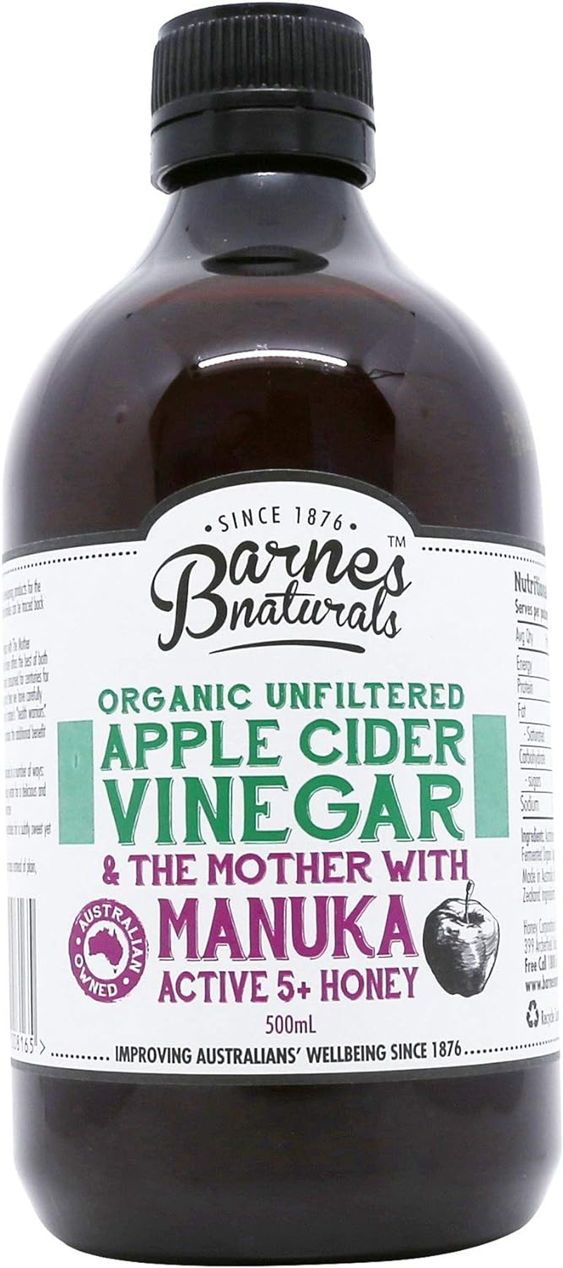Barnes Naturals Organic Unfiltered Apple Cider Vinegar with the Mother and Manuka Honey 500 Ml image number 1