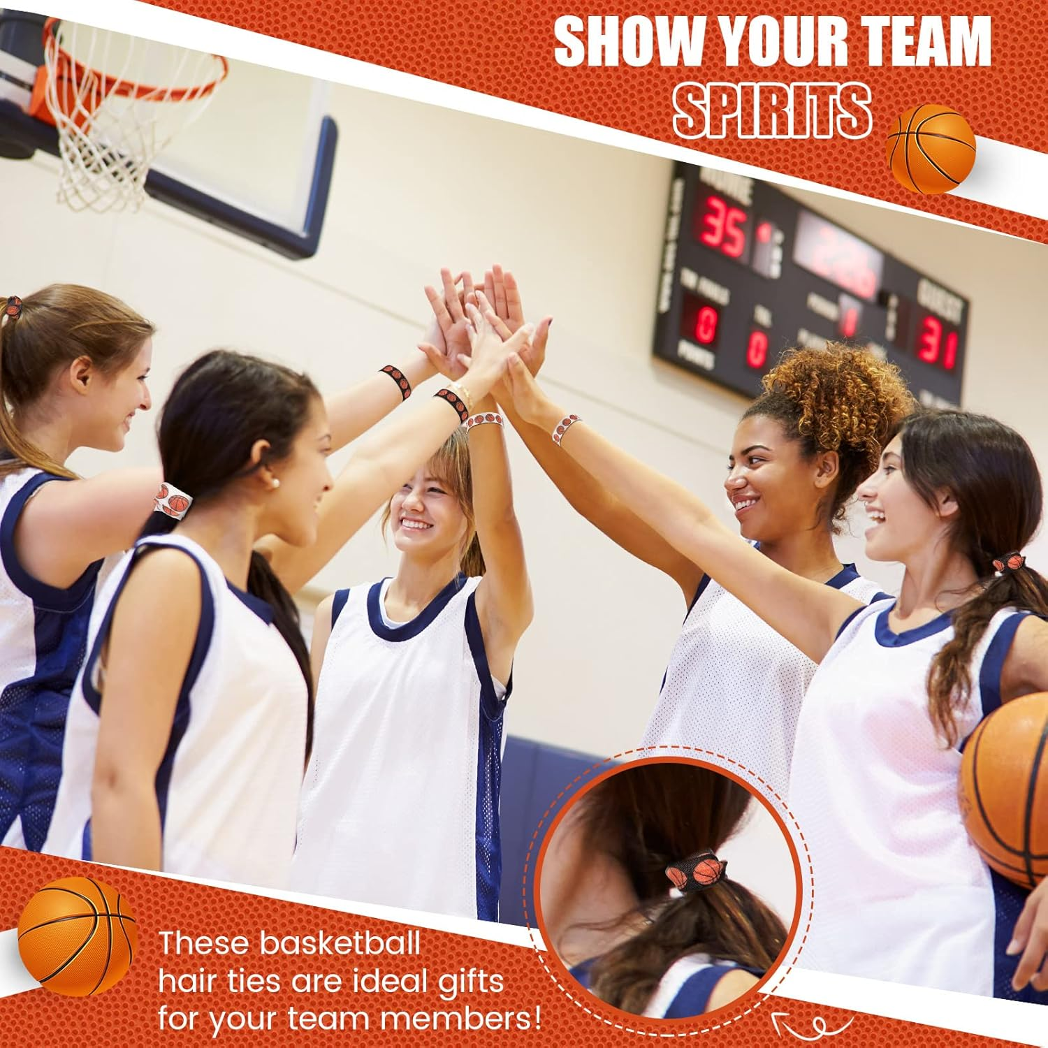 Hanaive 20 Pcs Basketball Hair Ties Elastic Ponytail Holders No Crease Ribbon Basketball Hair Accessories for Party Team (Orange) image number 6