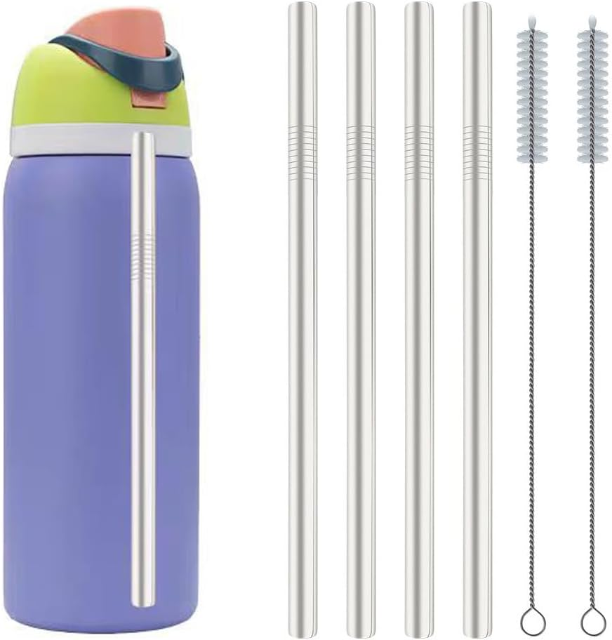 4Pcs Replacement Stainless Steel Straws Compatible with Owala Water Bottle 24Oz 32Oz Reusable Straws with 2 Cleaning Brushes Metal Straw Replacement image number 4