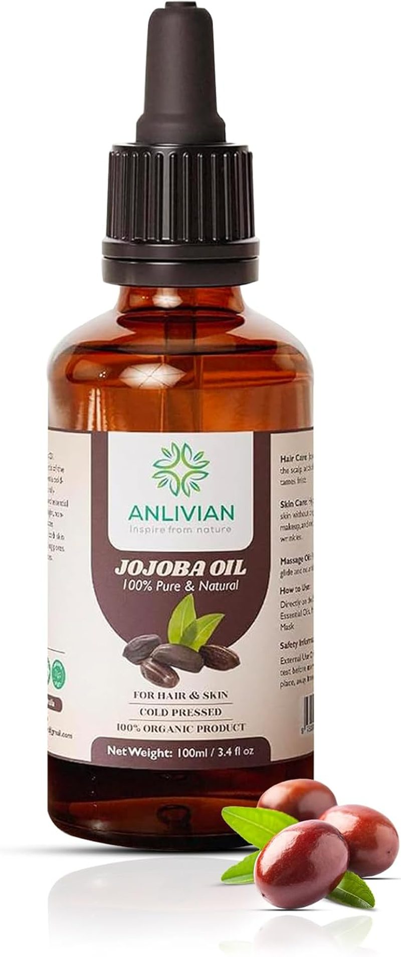 Pure Cold Pressed Jojoba Oil, 100Ml, Natural Carrier Oil for Hair and Skin Care, Nail, Makeup Remover, Facial Moisturizer Pure Packed in Australia. image number 3