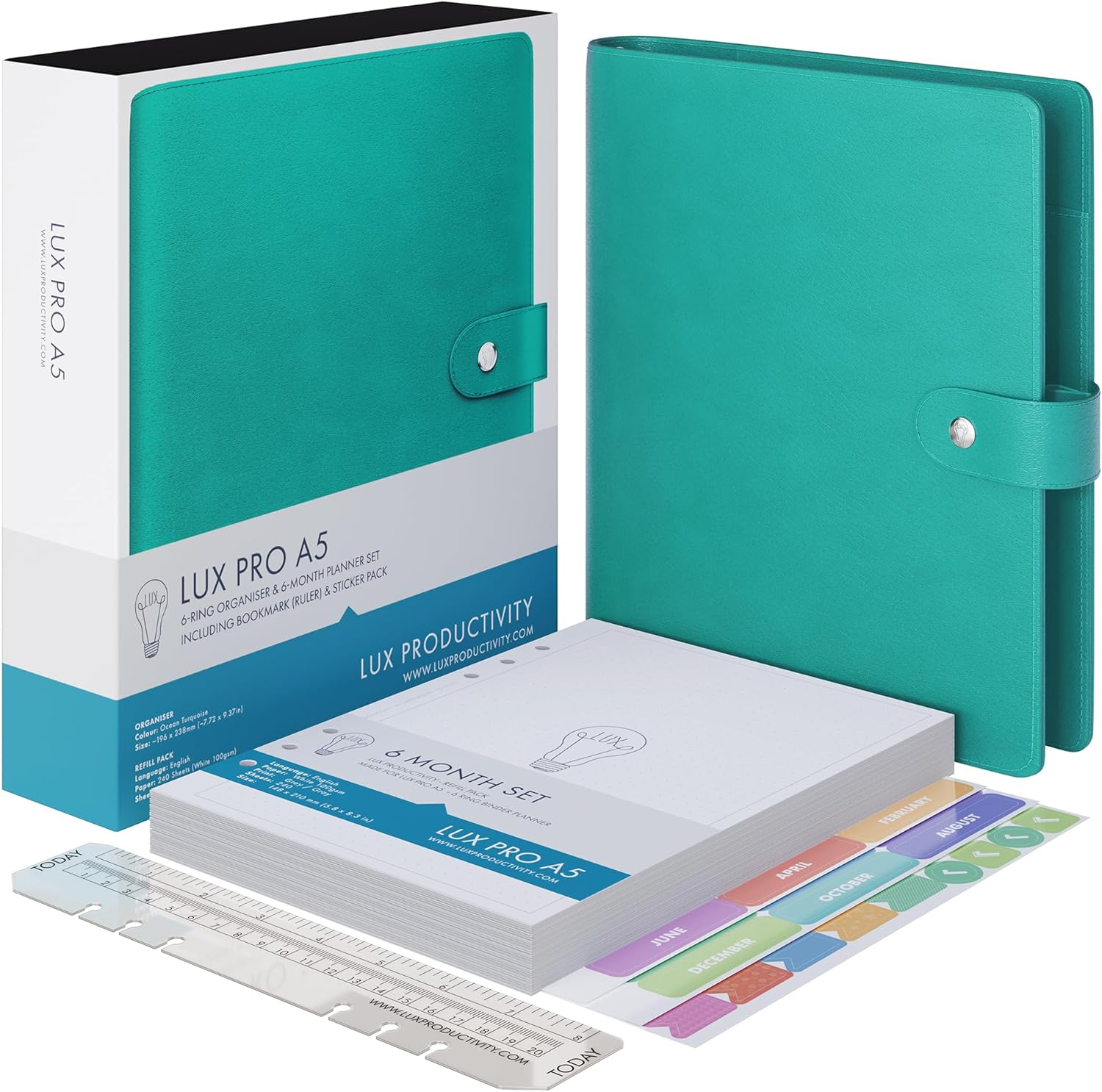 A5 Binder Organizer - Agenda 2023 Daily, Weekly & Monthly Management Undated to Do List & Unisex Business Planner - PU Leather Journal - Goal Setting Gratitude Notebook & Appointment Book by Lux Productivity - Lux Pro A5 Ed.2 Turquoise Ocean - Gray - Fossil image number 5