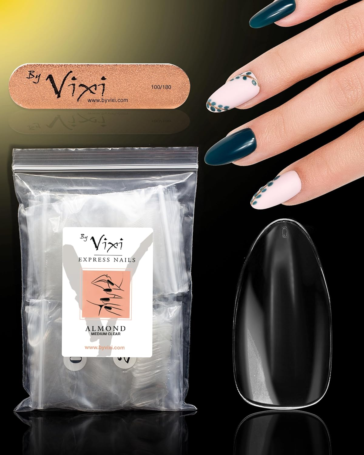 By Vixi 600 MEDIUM ALMOND NAIL SET with PREP FILE, 10 Sizes &ndash; Clear Express Full Cover False Fingernail Extensions for Salon Professionals & Home Use
