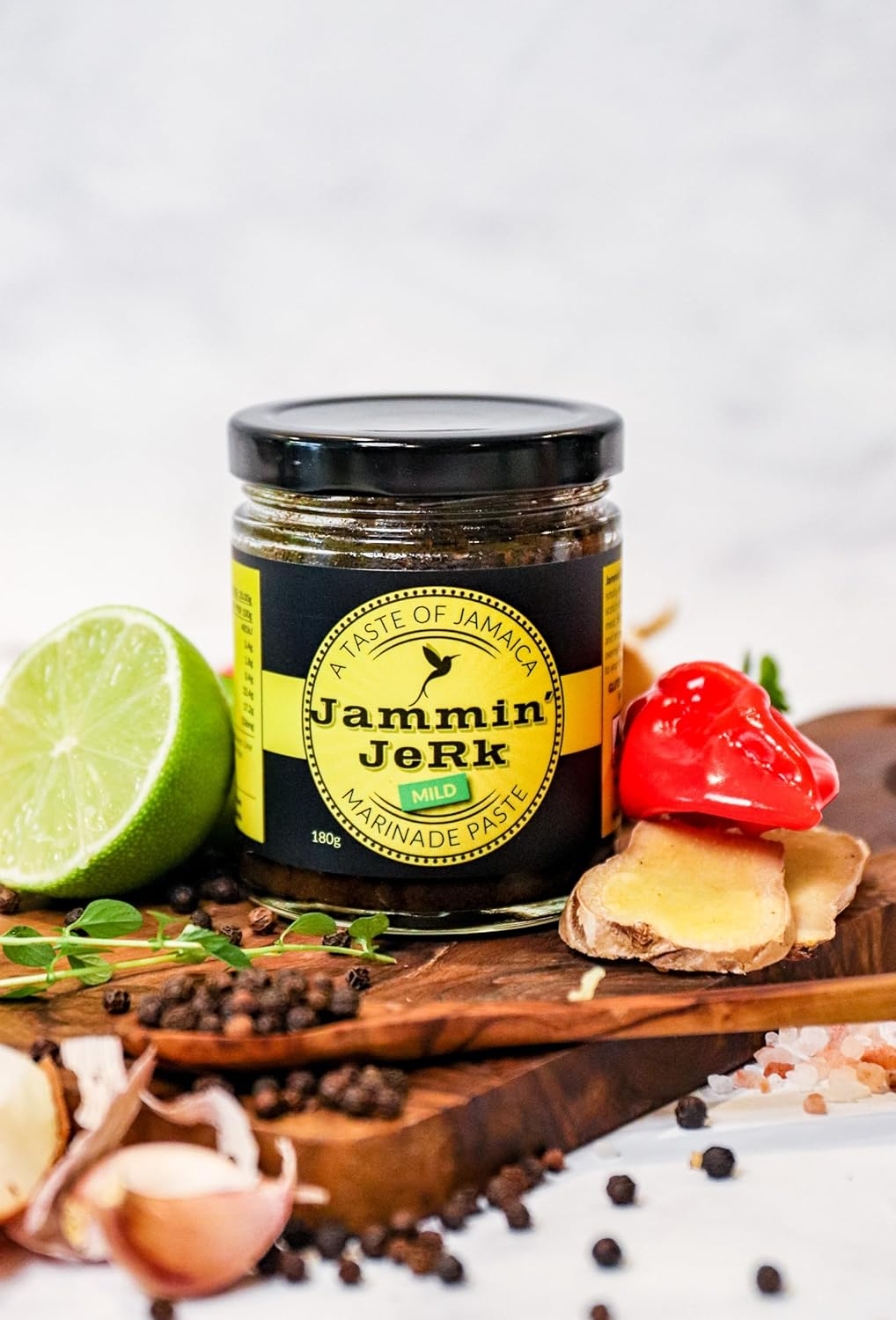 Jammin' Jerk MILD Marinade 180G: Delicious Award Winning Gourmet Jamaican Style Jerk Marinade Paste, Made in Small Batches, Non-Gmo, All Natural, No Preservatives, Gluten Free with Pimento(All Spice) and Lashings of Habaneros in Every Jar Bringing You the Warmth of the Caribbean plus Savoury Goodness, Antioxidants, and Lower Salt for a Better Healthier You