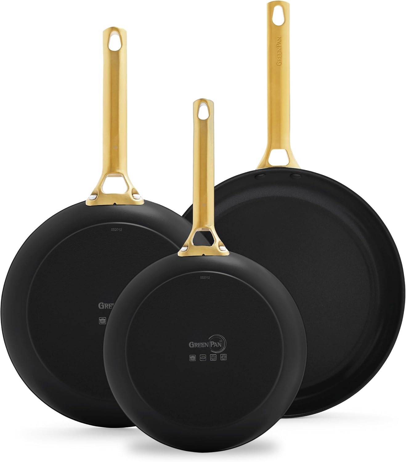 Greenpan Reserve Hard Anodized Healthy Ceramic Nonstick, 8" 10" and 12" 3 Piece Frying Pan Skillet Set, Gold Handle, Pfas-Free, Dishwasher Safe, Oven Safe, Black