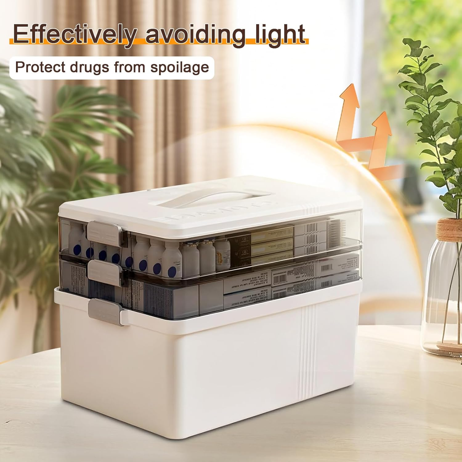 3-Layer Medicine Storage Box with Handle, Large Capacity First Aid Organizer, Moisture-Proof & Dustproof, Portable Multi-Purpose Plastic Storage Container for Medicine, Cosmetics, Household Essentials