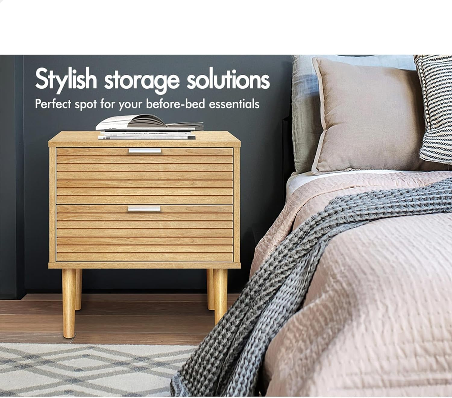 ALFORDSON Bedside Table 2-Drawer Nightstand, 48X 40X 52Cm, Side Cabinet Chest Table for Hallway, Bedroom and Living Room, Wooden Organiser Storage with Slatted Front (Wood Color) - Blackx2 image number 5