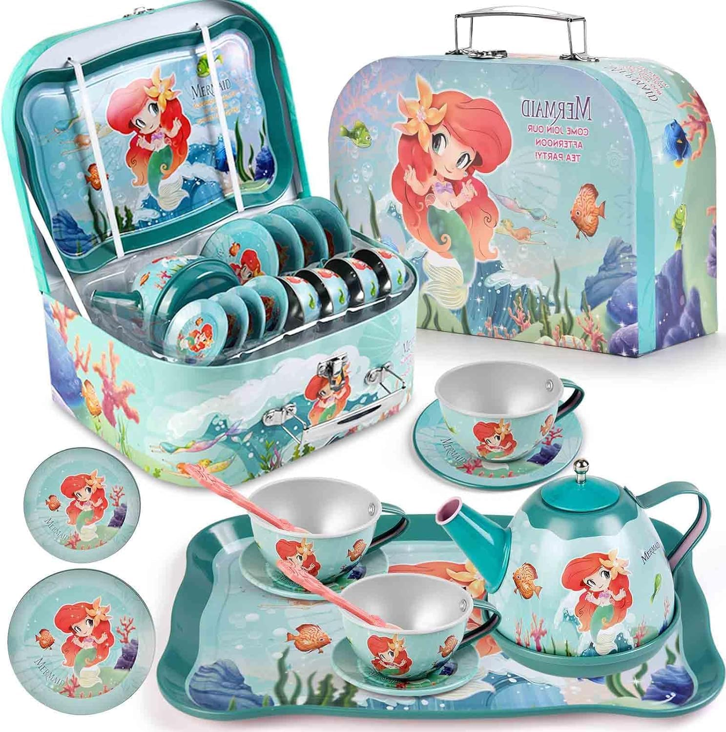 Mermaid Tea Party Set for Little Girls, Kids Party Set Toys for 3-6 Year Olds, Pretend Toy Tin Tea Set & Carrying Case, Princess Tea Time Kitchen Play Toys, Birthday Gifts image number 1