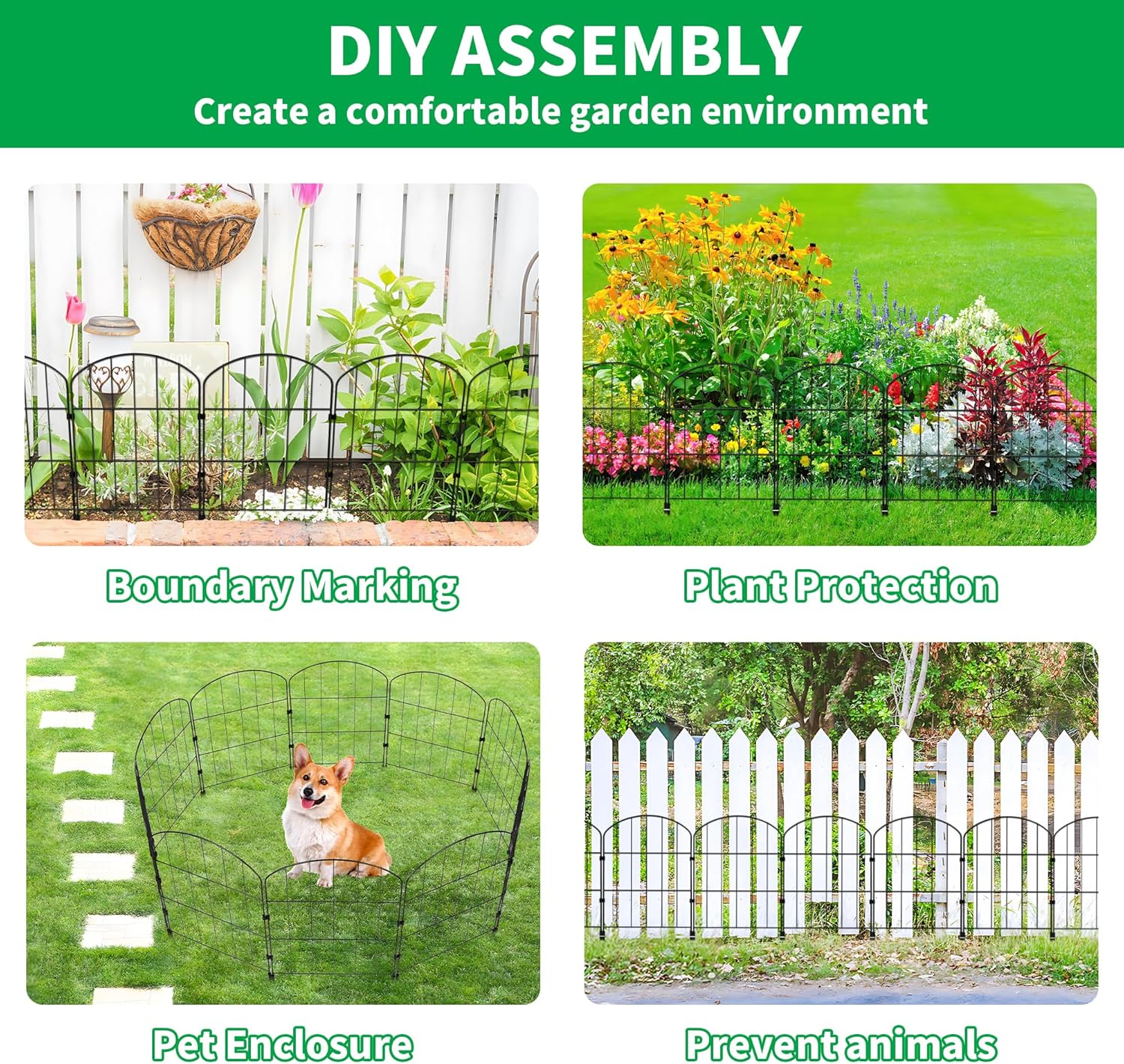 10 Panels Decorative Garden Fence 330Cm (L) X 60Cm (H), Rustproof Metal Wire Fencing Border Animal Barrier, Decorative Garden Fences for Dogs, Flower Bed, Patio, Square Black No Dig Fence image number 5