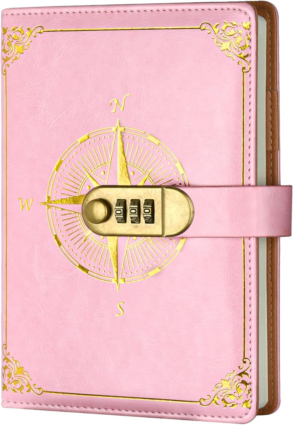 Literary Vintage Leather Notebook with Lock, Embossed Pattern Compass Diary for Writing, A5 Notebook with Lined Paper for Women & Men