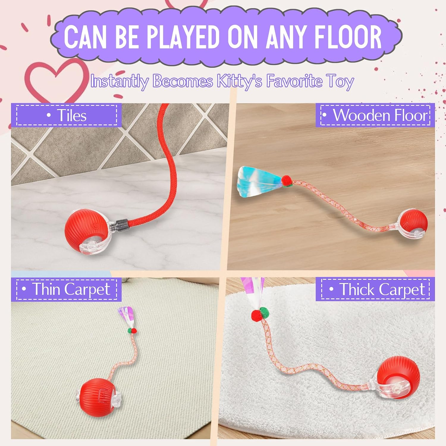 Interactive Cat Toy Ball with 2 Tails&ndash;2025 Upgrades Cat Toys for Indoor USB-C Rechargeable,Auto Rolling,Smart Obstacle Avoidance,Self-Activating Electric Chase Toy for Bored Indoor Cats & Dogs(Red image number 4