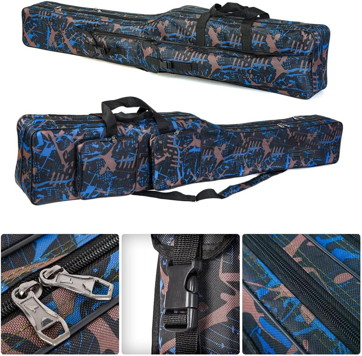 AIMALL 51.2 Inch Double-Layer Fishing Rod Bag with Waterproof Coating and Multi-Pocket Design, Portable Tear-Resistant Gear Carrying Case for Sea and Freshwater Fishing - Deep Blue Camouflage image number 6