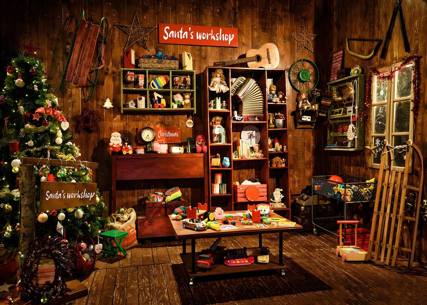 Christmas Santa'S Workshop Photography Backdrop Vintage Rustic Wood House Cottage Gift Xmas Tree Decoration Background Kids Indoor Portrait Photo Studio Photobooth Props 7X5FT CEM251B image number 3