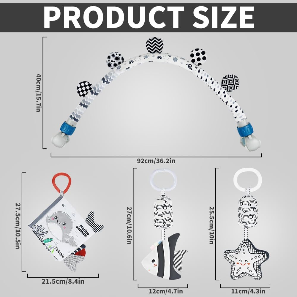 Baby Activity Arch Bassinet Toy, Black and White Travel Mobile Toy Bar with Hanging Animals, Stroller, Pram and Crib Attachment Toys (Ocean)